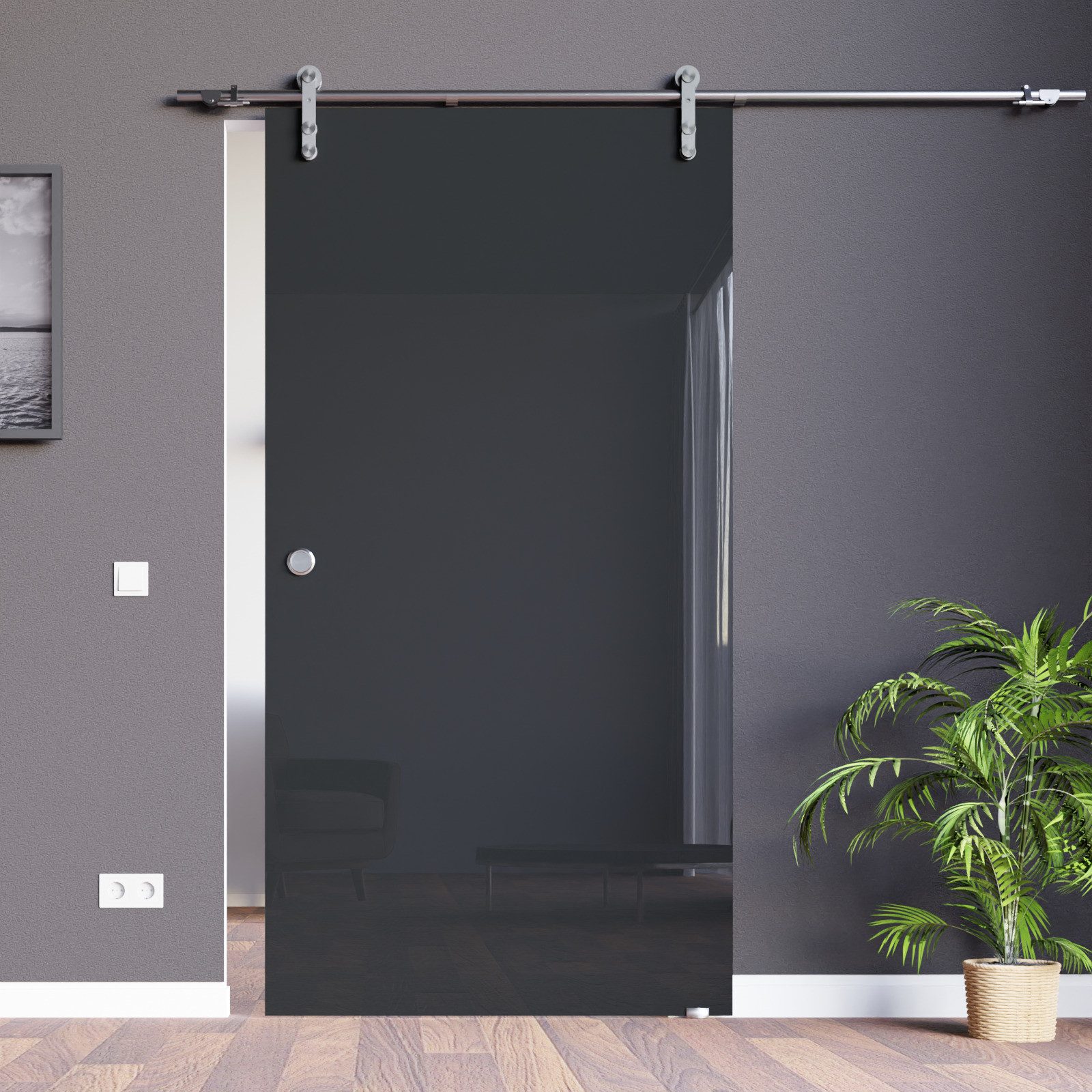 AMOD Glasschiebetür VSG-schwarz SSOE (Komplett-Set), mit Griffmuschel und SoftStop