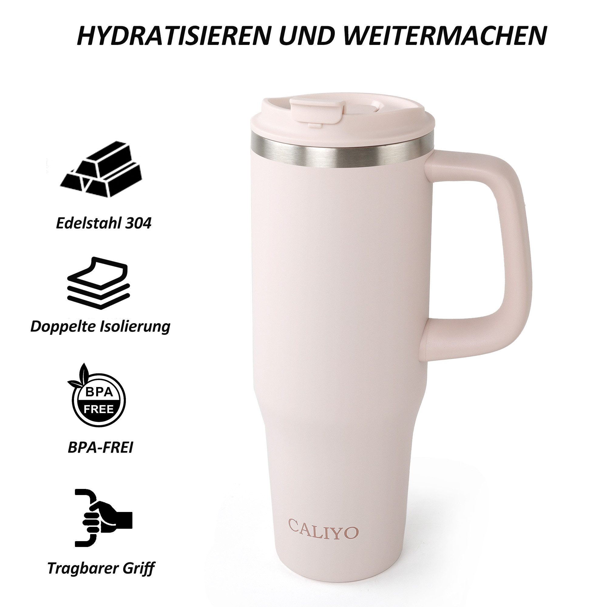 CALIYO Thermobecher Edelstahl Autobecher BPA frei mit Strohhalm und Deckel 1.2L, Spülmaschinenfest Langanhaltend kühl / warm für Sport, Reisen