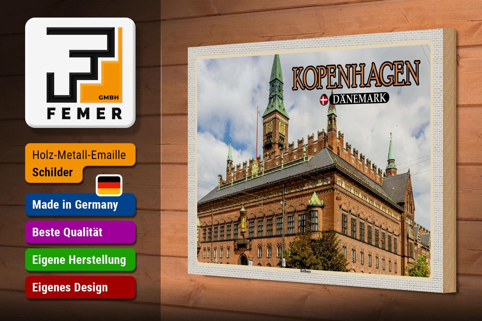 Femer GmbH Holzbild Reise 30x20cm Kopenhagen Dänemark Rathaus, (1 St), Glatte Holzfaserplatte (MDF), vorn beschichtet