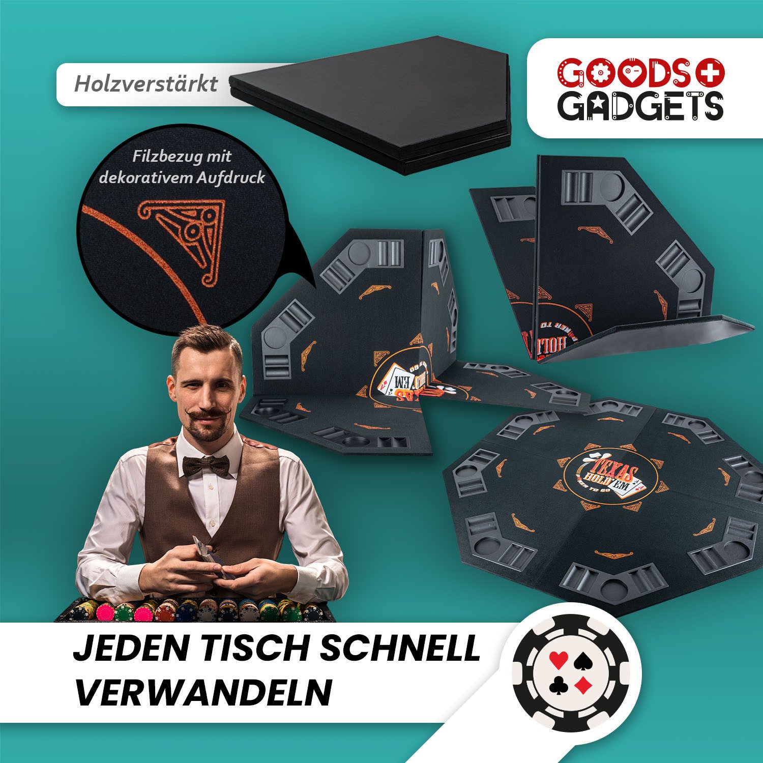 Goods+Gadgets Spiel GOODS+GADGETS Faltbare Poker Tischauflage 120x120 cm für 8 Spieler, Pokertisch, Pokerauflage