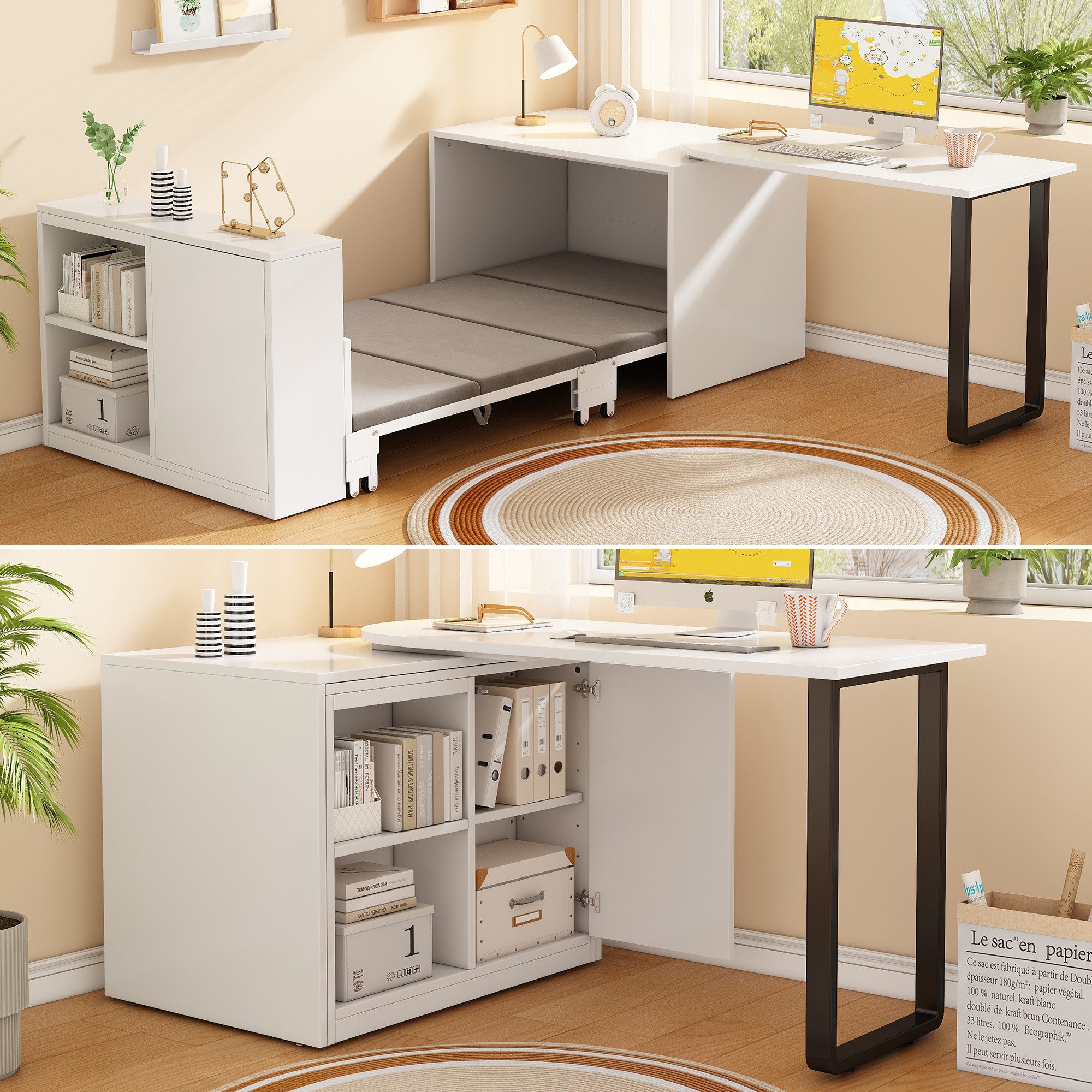 Flieks Regal-Schreibtisch drehbarer Computertisch inkl. Klappbett/Mehrzweckschrank mit Rollen (Tischplatte: 116x60 cm, Liegemaße: 90x188 cm, Schrankmaße: 94x66x77 cm, Set, 2-St., 2er Set, Arbeitstisch&Kommode mit verstellbarer Einlegeböden), 2-in-1 Multifunktional Eckschreibtisch mit Ausziehbett/Schrank Weiß