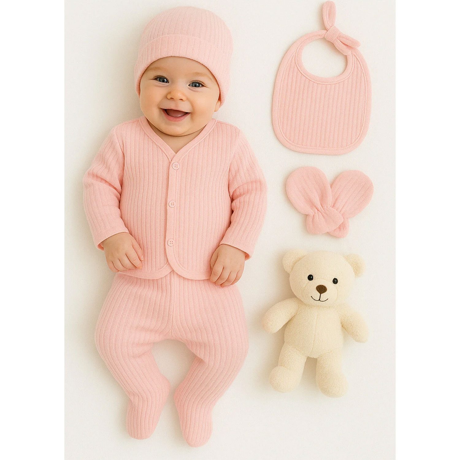 Jungengel Neugeborenen-Geschenkset Erstausstattung Babykleidung nach Geburt Baby-Set Babyausstattung Rosa (Bekleidungsset, 5-tlg., 5-teiliges Set aus Strampler, Mütze, Lätzchen und 2 Fäustlingen) Rosa / Pink, 5-Teilig, 0-3 Monate, Baumwolle, Atmungsaktiv