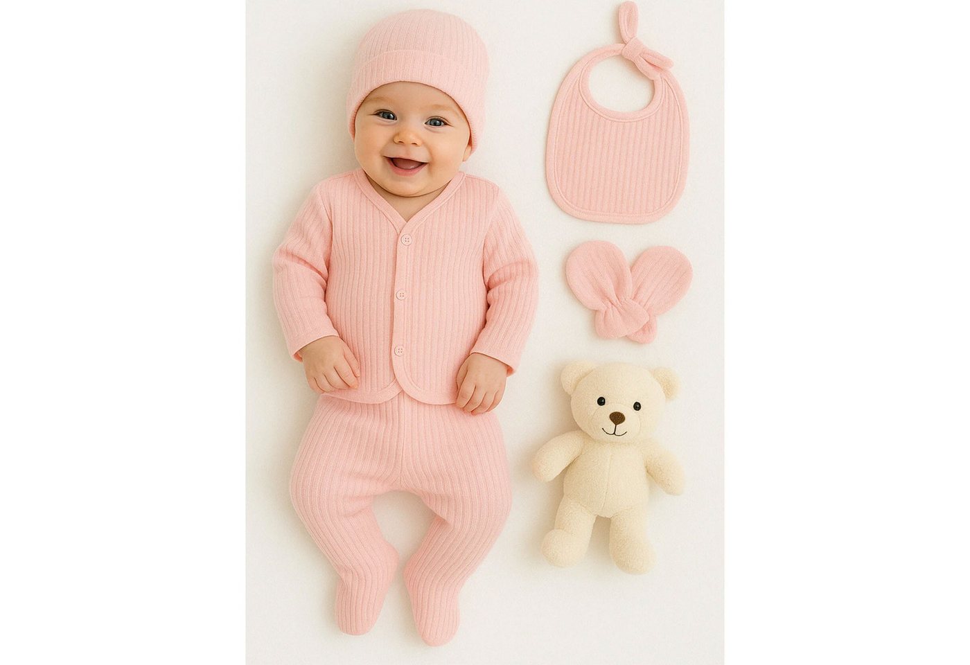Jungengel Neugeborenen-Geschenkset Erstausstattung Babykleidung nach Geburt Baby-Set Babyausstattung Rosa (Bekleidungsset, 5-tlg., 5-teiliges Set aus Strampler, Mütze, Lätzchen und 2 Fäustlingen) Rosa / Pink, 5-Teilig, 0-3 Monate, Baumwolle, Atmungsaktiv