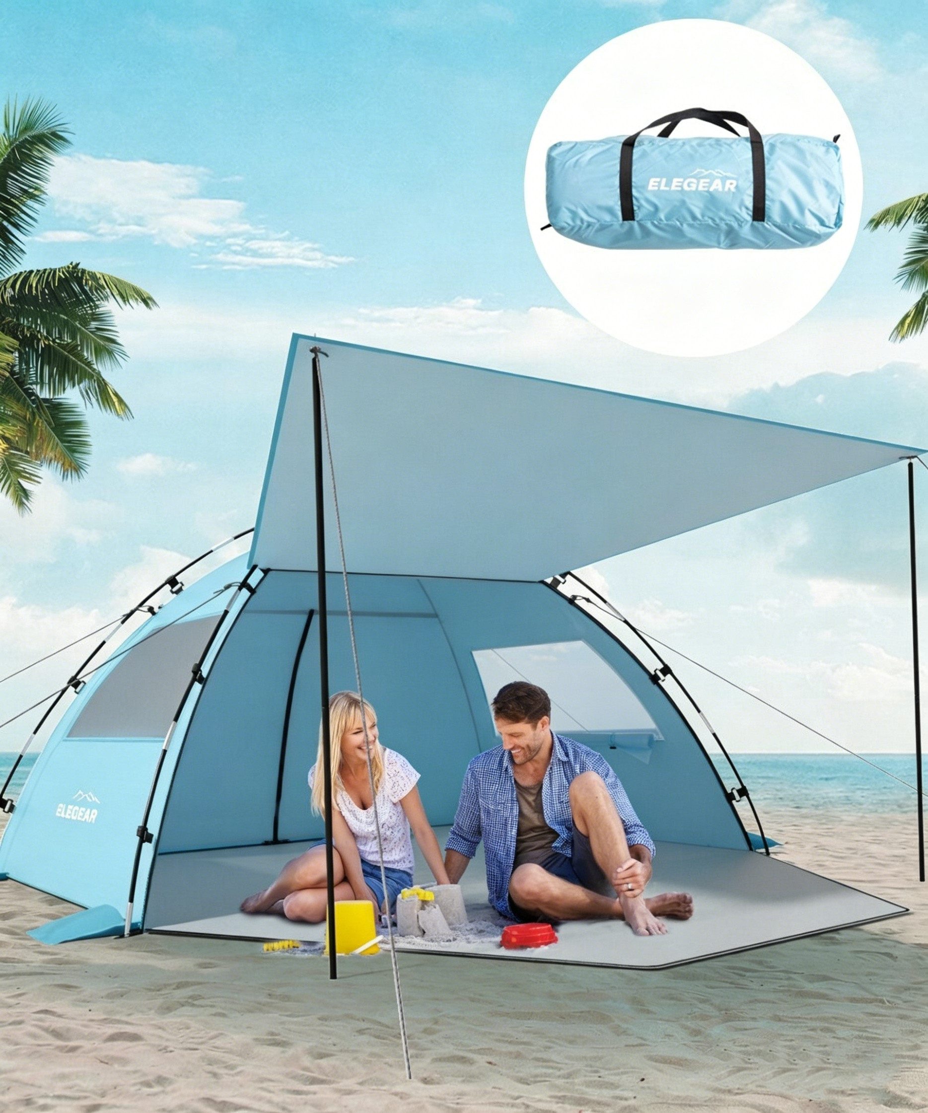 Elegear Strandmuschel mit Sonnendach für 4-5 Personen, Pop Up Strandzelt (UV Schutz UPF 50), Personen: 4 (1 tlg), Strandmuschel Tragbares mit Sandsäcken, Erdspießen und Seilen