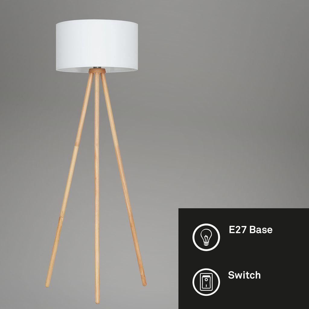 Briloner Leuchten Stehlampe LED Stehleuchte weiß Stoffschirm Holzfuß 1379-016, ohne Leuchtmittel, 2700K - Extra-Warmweiß, Holz Stativ, Stoffschirm, inkl. Kabelschalter, exkl. 1x E27 max. 60 W