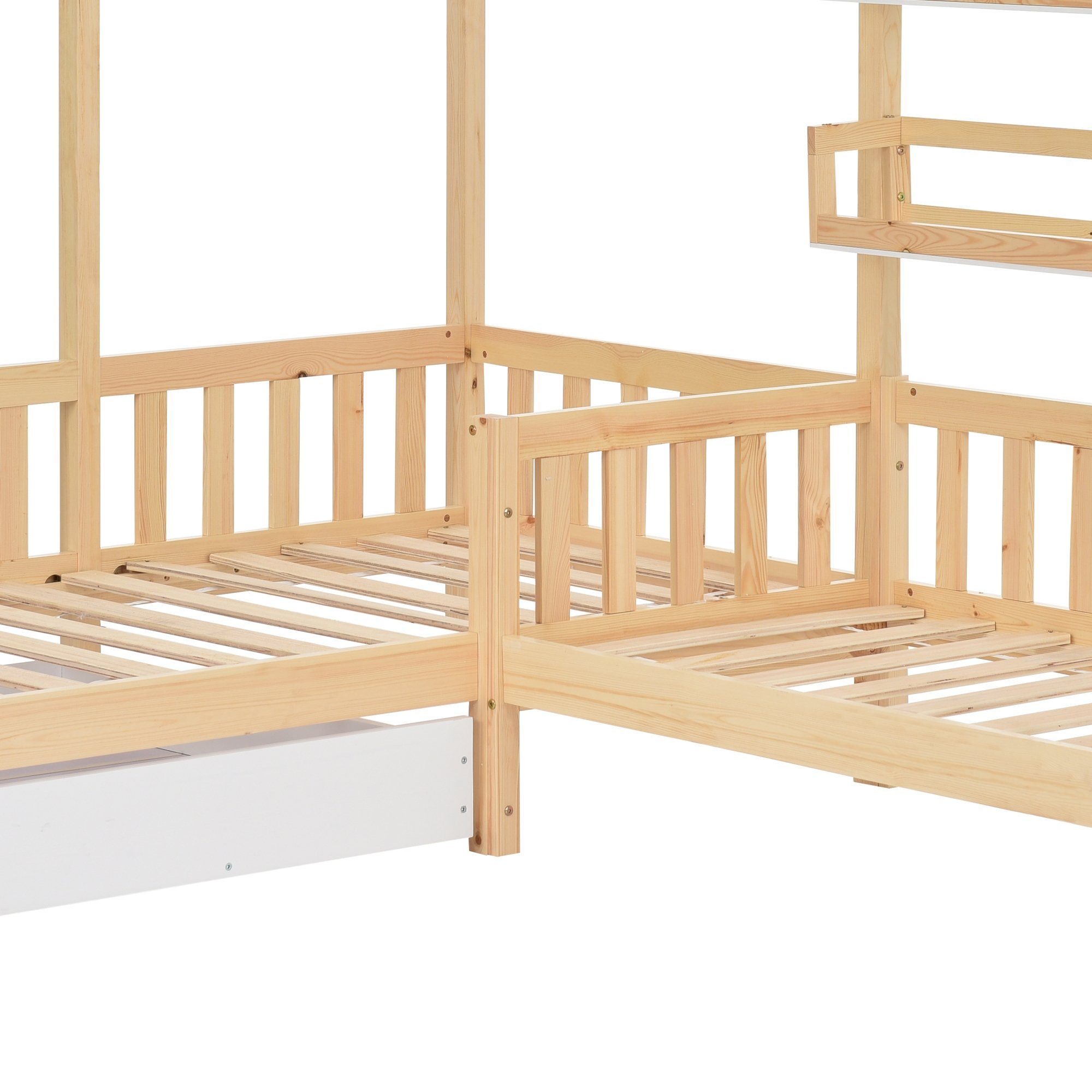 Kinderbett (1-tlg., Hausbett mit 2. Schlafgelegenheit, 90x200 cm, 70x140cm), Einzelbett mit Schublade, Regalen, Lattenrost, Zaun und Rausfallschutz
