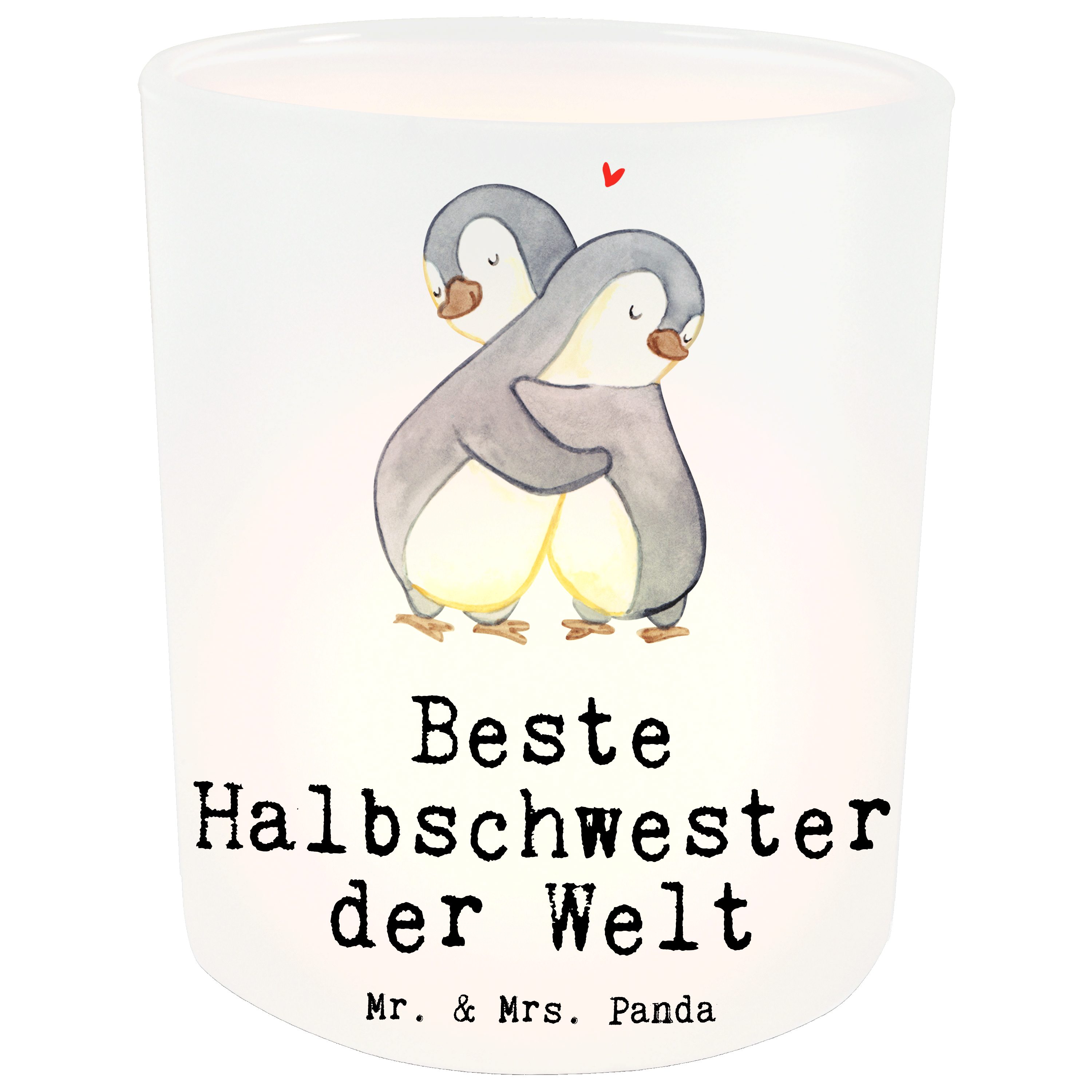 Mr. & Mrs. Panda Windlicht Pinguin Beste Halbschwester der Welt - Transparent - Geschenk, Windli (1 St) | Windlichter