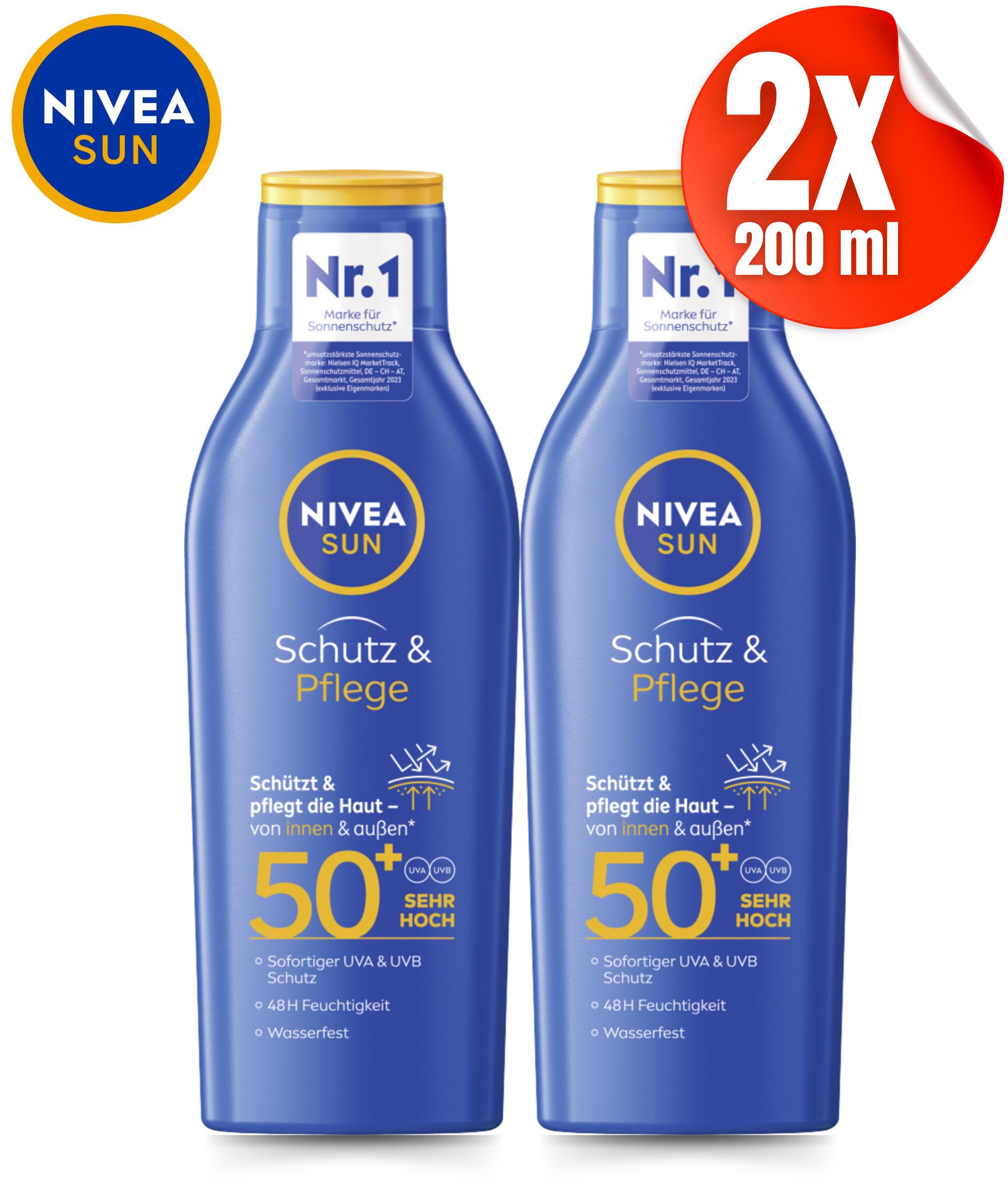 Nivea Sonnenschutzcreme SUN Schutz & Pflege Sonnenmilch LSF 50+, 2er Pack (2x 200ml)