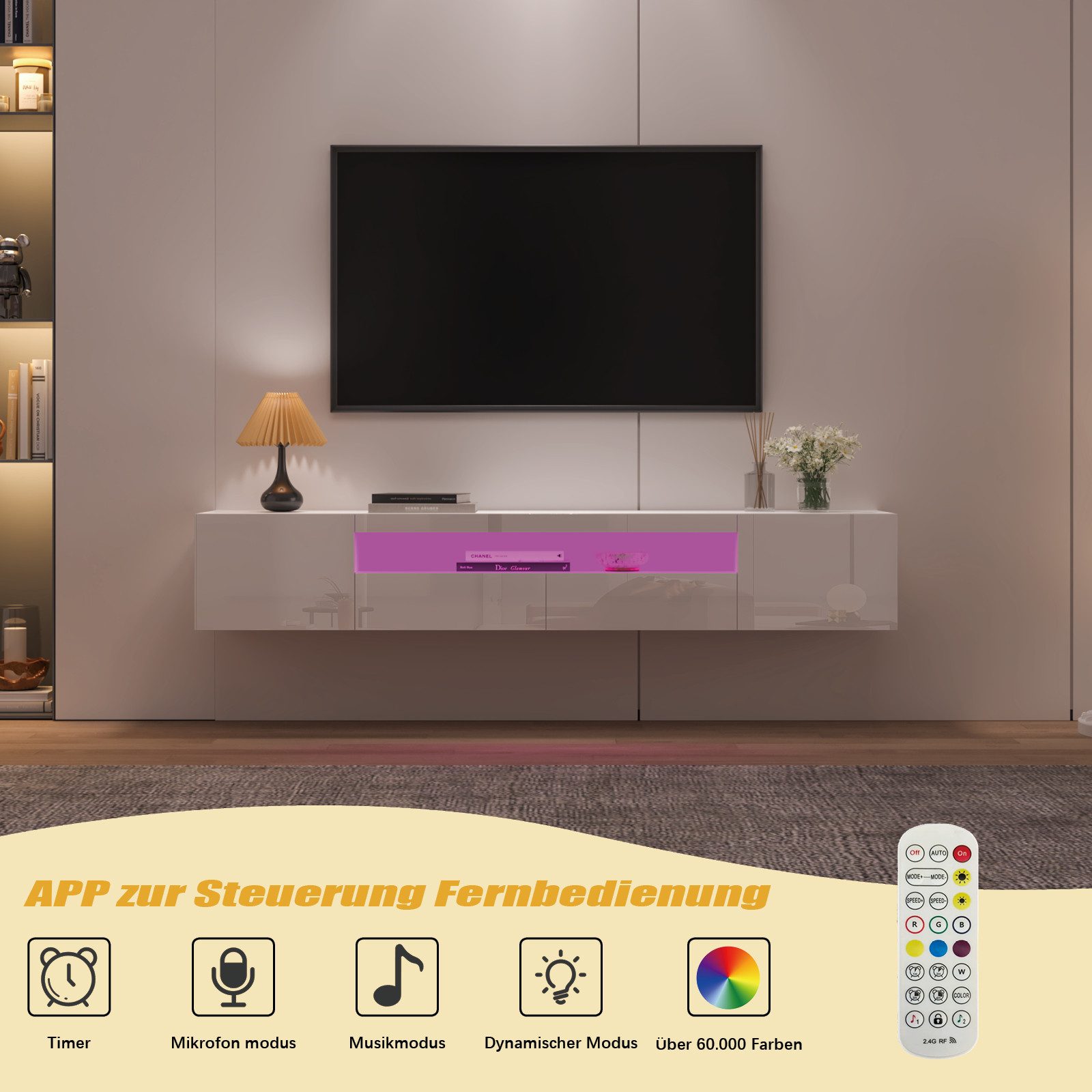radelldar Lowboard 180cm Hochglanz mit LED-Beleuchtung und Stauraum (1 St), hängender TV-Schrank für Fernseher bis 85 Zoll – Bild 5 von 5