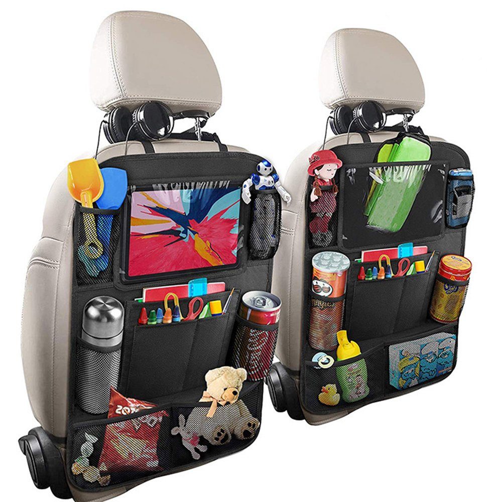 L & P Car Design Auto-Rückenlehnentasche Rückenlehnenschutz Sitzschoner aus  Kunstleder in schwarz Kinder (1 Stück), mit 3 Taschen