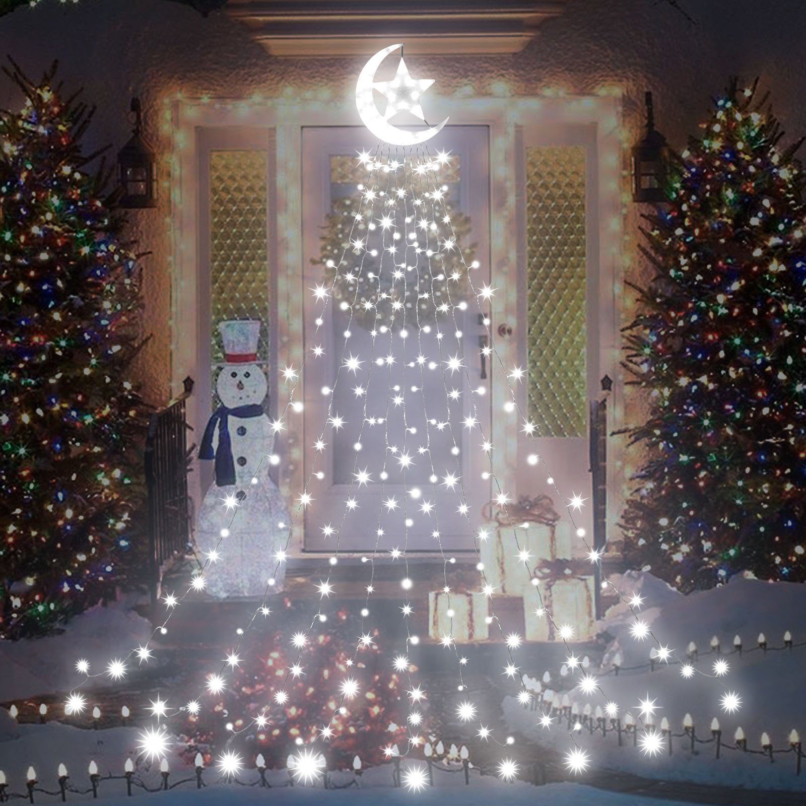 Laybasic LED-Lichterkette LED Weihnachtsbaum Lichterkette mit Topper Moon Star,350 LEDs, 350-flammig, Christbaumbeleuchtung,8-Modi,Timer,IP44 Wasserdicht Weiß
