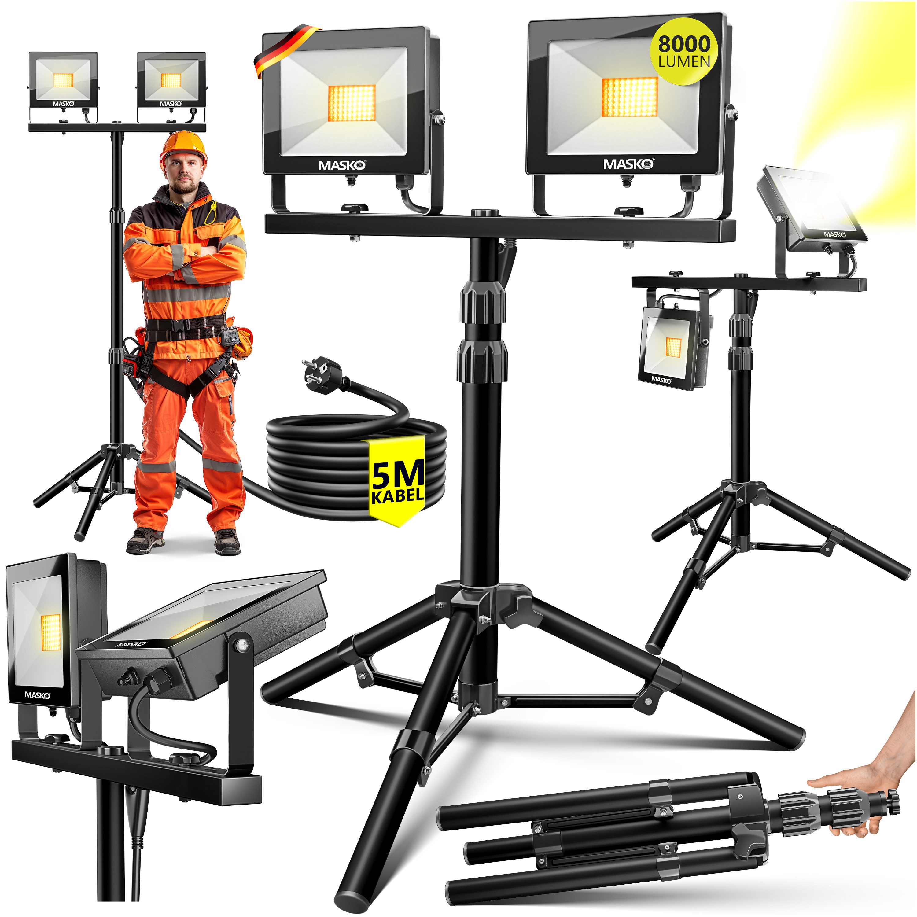 MASKO LED Baustrahler LED Fluter mit Stativ höhenverstellbar bis 202cm, 800 günstig online kaufen