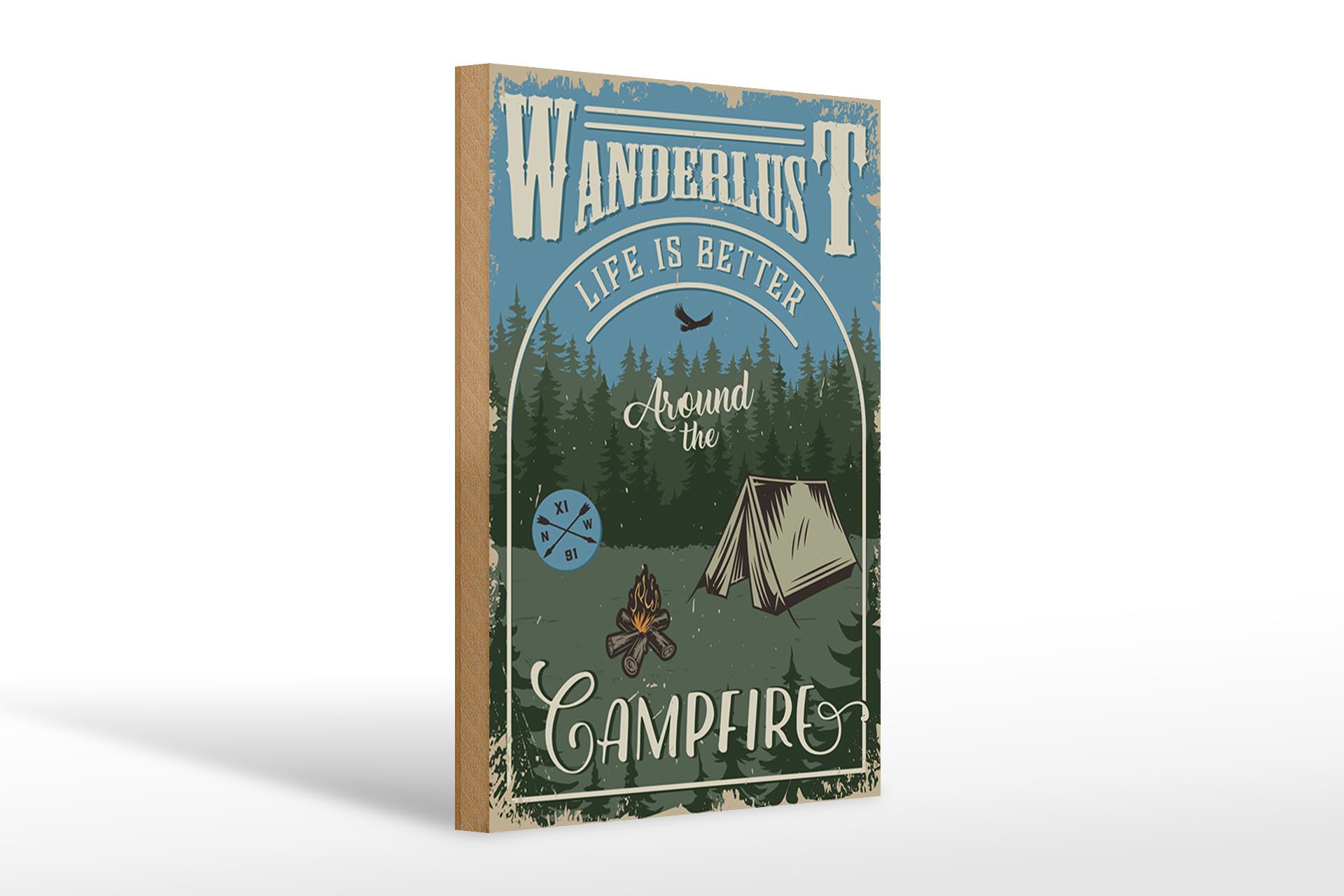 Holzbild Retro 20x30cm Wanderlus camping