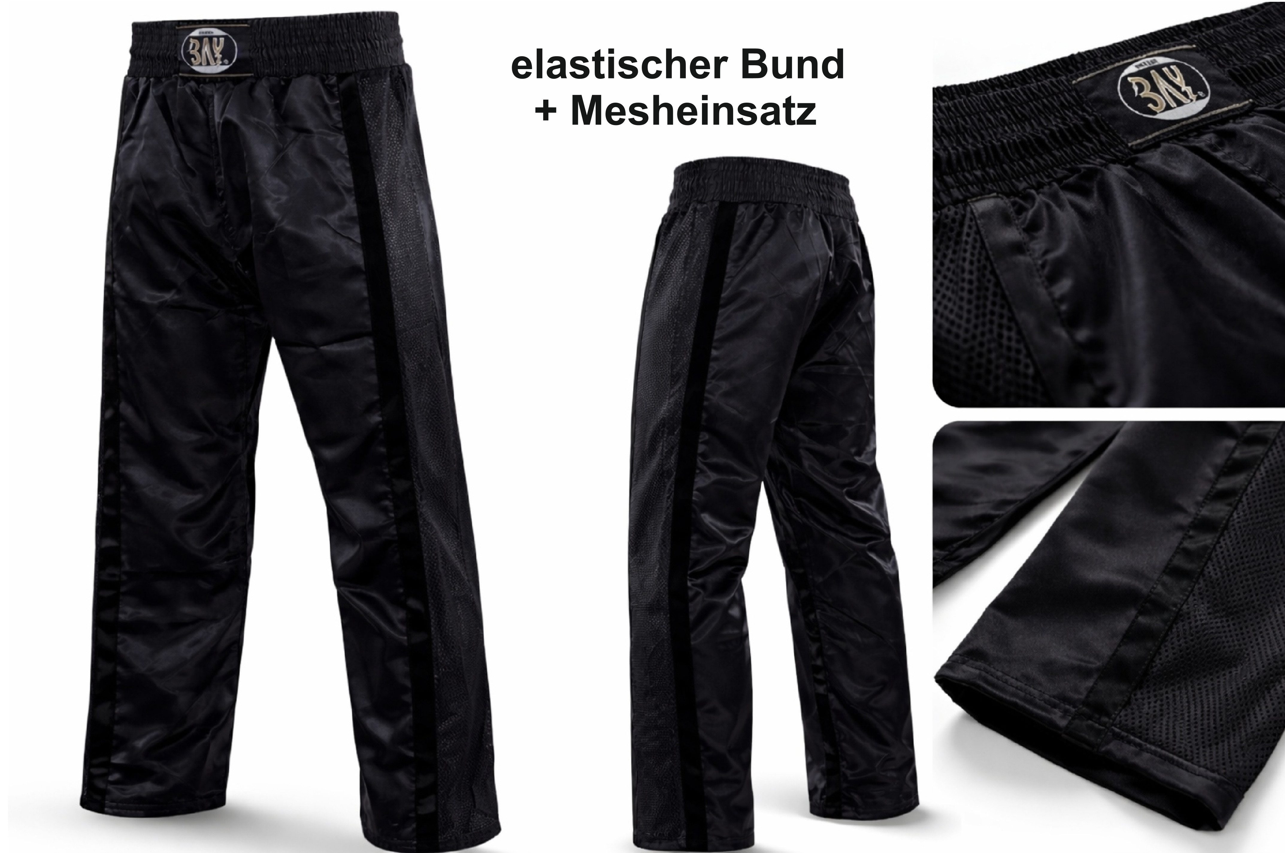 BAY-Sports Sporthose Kickboxhose NETZ-MESH Mesh Netzeinsatz Hose lang Kickboxen Kampfsport lange, leichte, locker sitzende Trainingshose, Schwarz