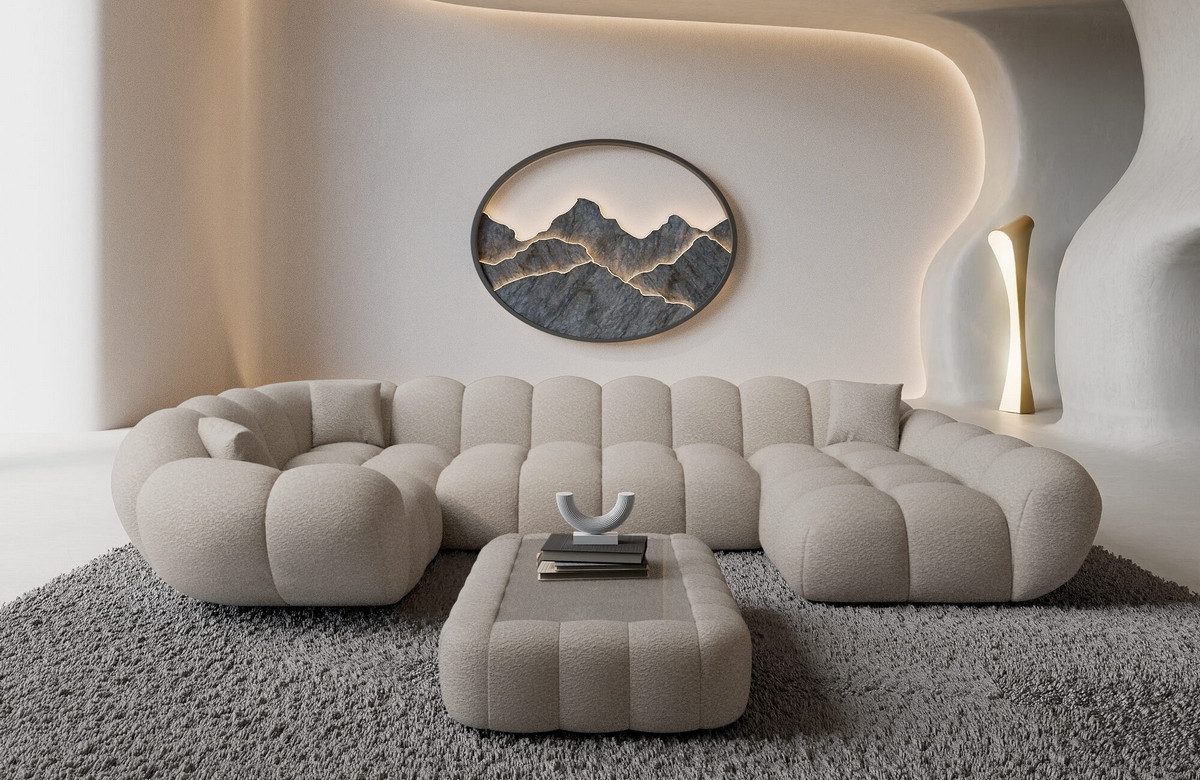 Sofa Dreams Wohnlandschaft Maleron U Form Design Stoffsofa, Polstersofa, 6-Sitzer, Ottomane rechts, Boucléstoff Pearl
