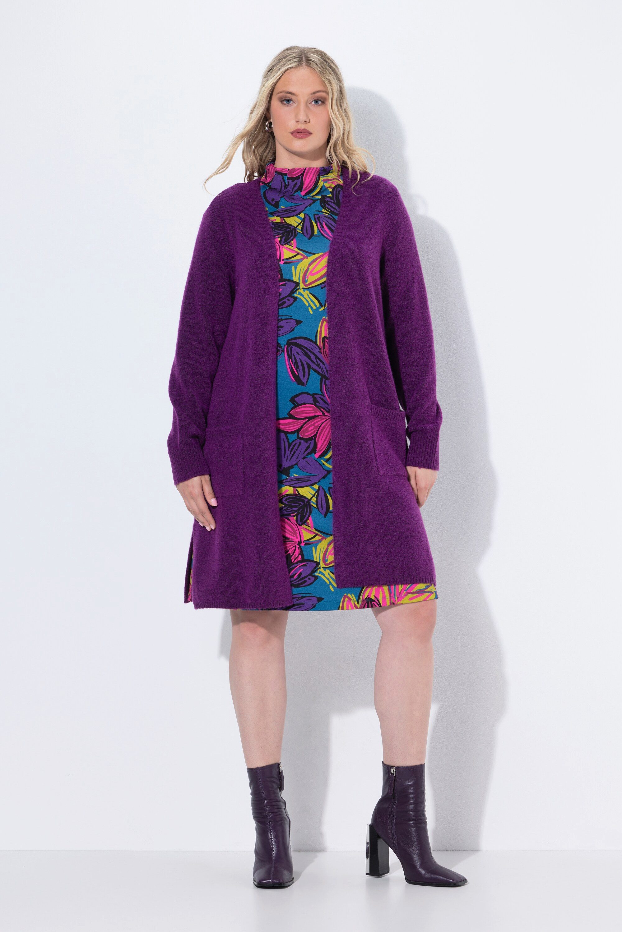 Ulla Popken Strickjacke Long-Strickjacke offene Form V-Ausschnitt