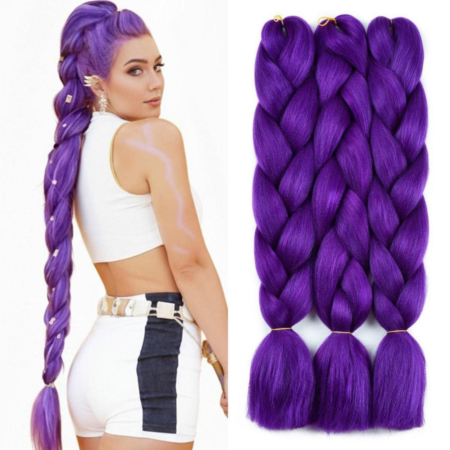 LuxusKollektion Kunsthaar-Extension Hair Extensions Lila Kunsthaar 24Zoll Braids Damen Cosplay A35# Lila