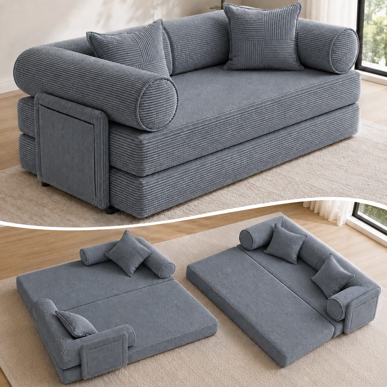 Hoolamyie Sofa 6-in-1 Cord Schlafsofa mit Schlaffunktion, 200 cm breit, 2-Sitzer, Modulares Sofa, ohne Montage, komprimiert verpackt, bis 200 kg