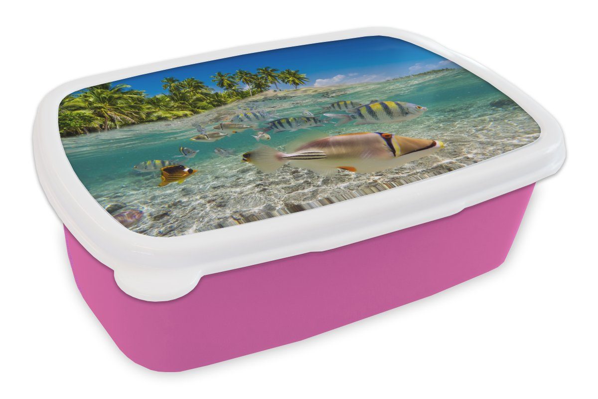 MuchoWow Lunchbox Strand - Angeln - Tropisch, Kunststoff, (2-tlg), Brotbox für Erwachsene, Brotdose Kinder, Snackbox, Mädchen, Kunststoff rosa