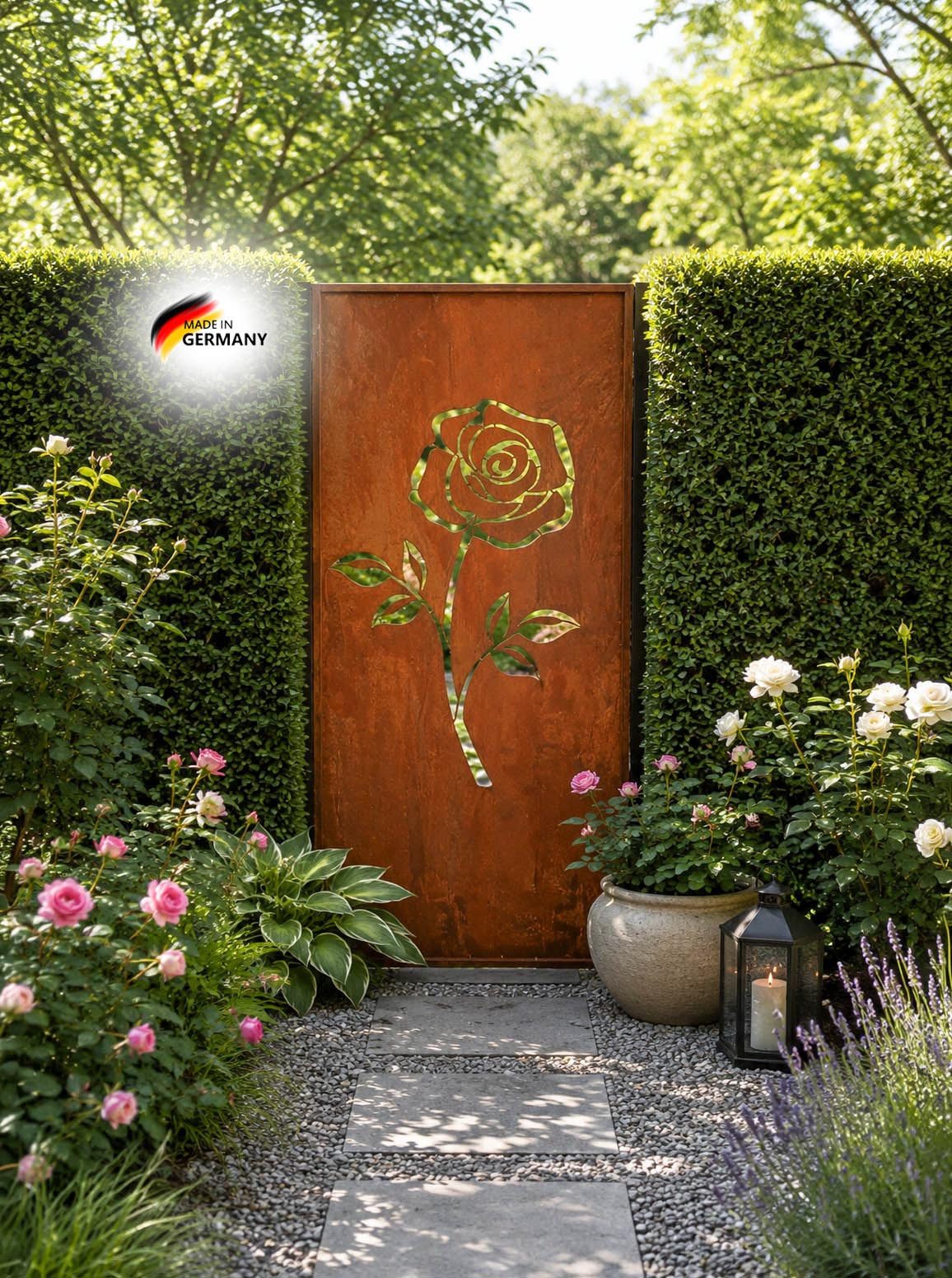 BADEKO Sichtschutzelement Sichtschutz Paravent Rose 200x100cm aus Edelrost in Cortenstahloptik