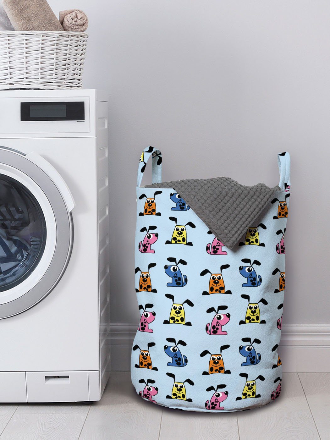 Cartoon-Tier Wäschekorb für Smiling Kordelzugverschluss Abakuhaus Waschsalons, Griffen Dog mit Wäschesäckchen Bunt