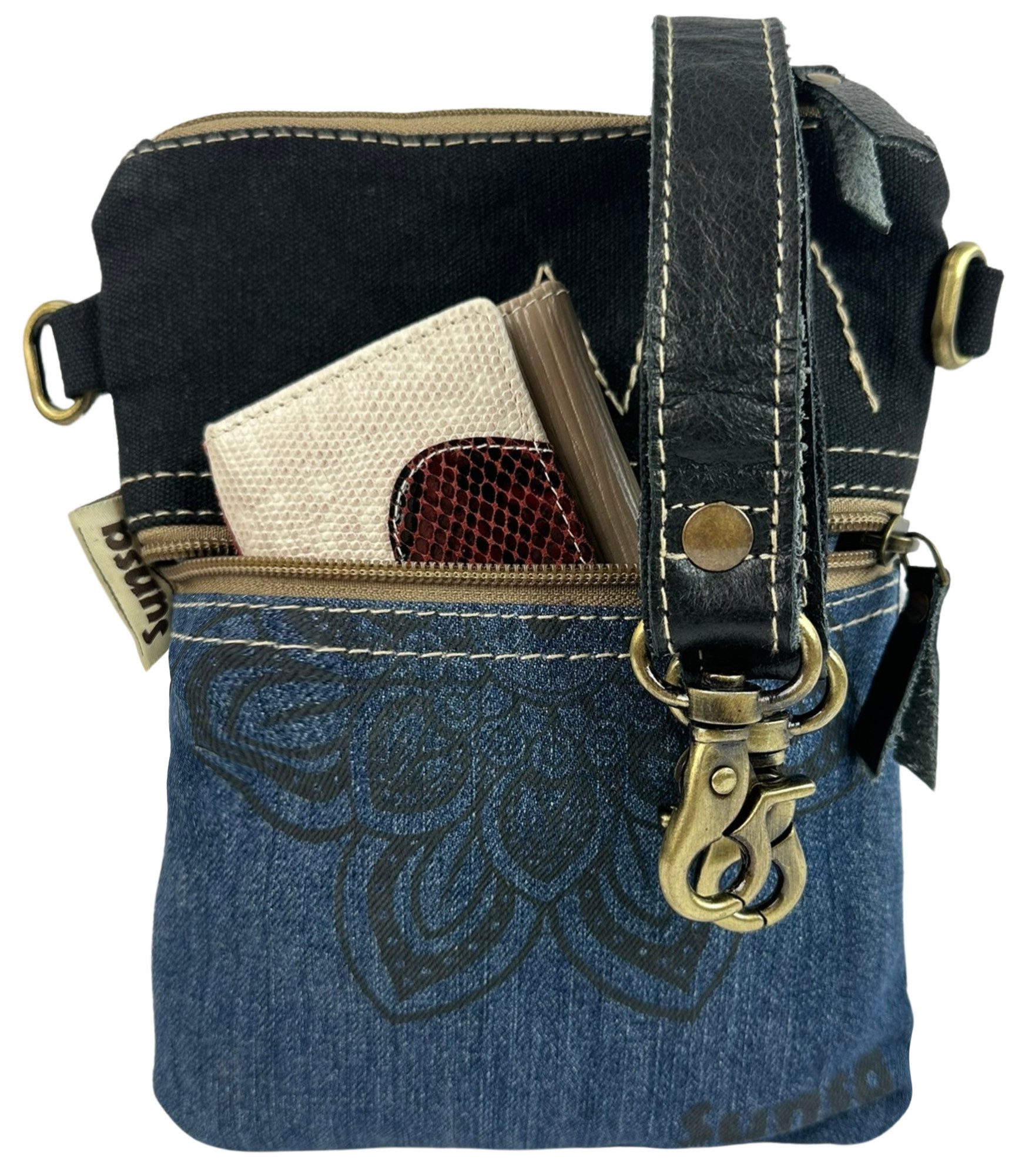 Sunsa Umhängetasche Upcycling Jeans Tasche kleine Umhängetasche Crossbody Bag Damentasche, Mandala Aufdruck