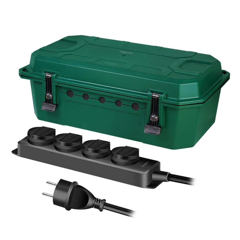 LogiLink Kabelbox LPS284 Kabel-Schutzbox mit 4-facher Steckdosenleiste, Outdoor, Steckdosenschutzbox, 4 Steckdosen, IP54, 5-m-Kabel, Wandmontage