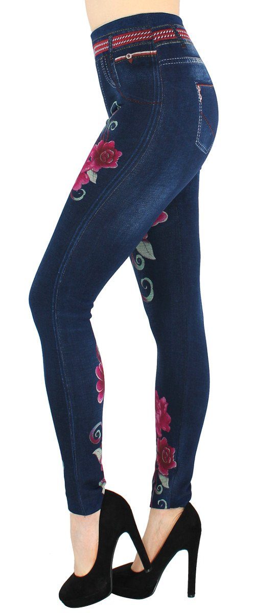 dy_mode Leggings JL088-BigRedFlowers elastischem High Damen in Jeggings Jeans Bund Jeggings mit Jeansleggings Waist Optik Bequem