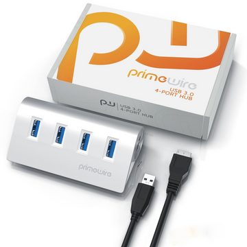 Primewire USB-Adapter, 4 Port USB 3.2 Gen1 Hub, Datenhub, Aluminiumgehäuse, Netzteilanschluss