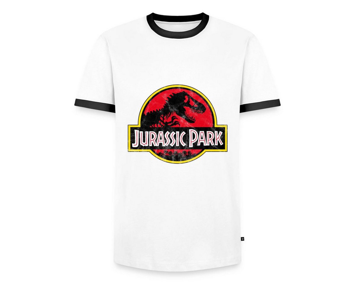 Spreadshirt T-Shirt Jurassic Park Klassisches Logo In Rot Mit T-Rex Männer Kontrast T-Shir (1-tlg)