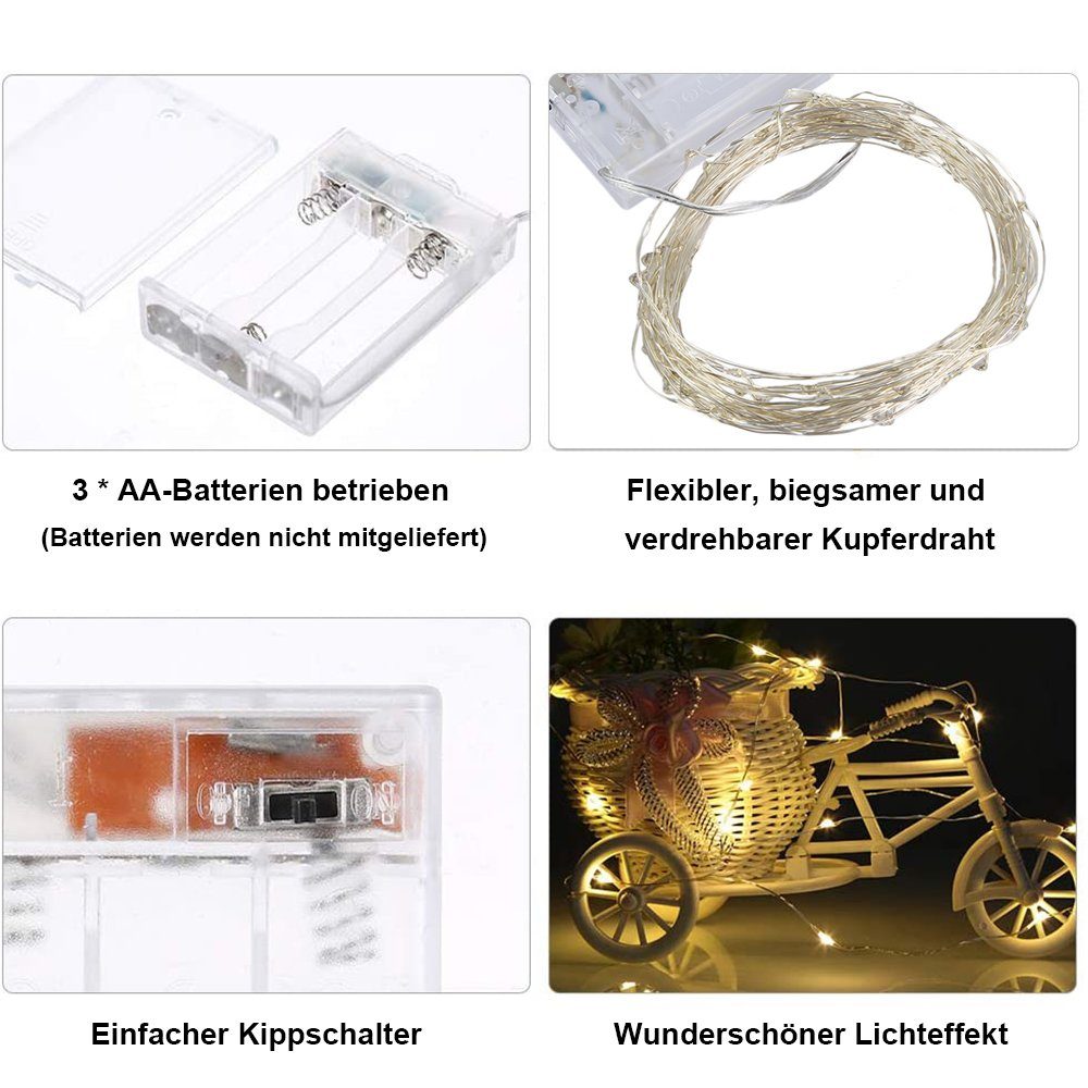 Warmweiß LED-Lichterkette Kaltes Innen 2/3/5/10M Batterie Außen Sunicol Micro Draht Deko,