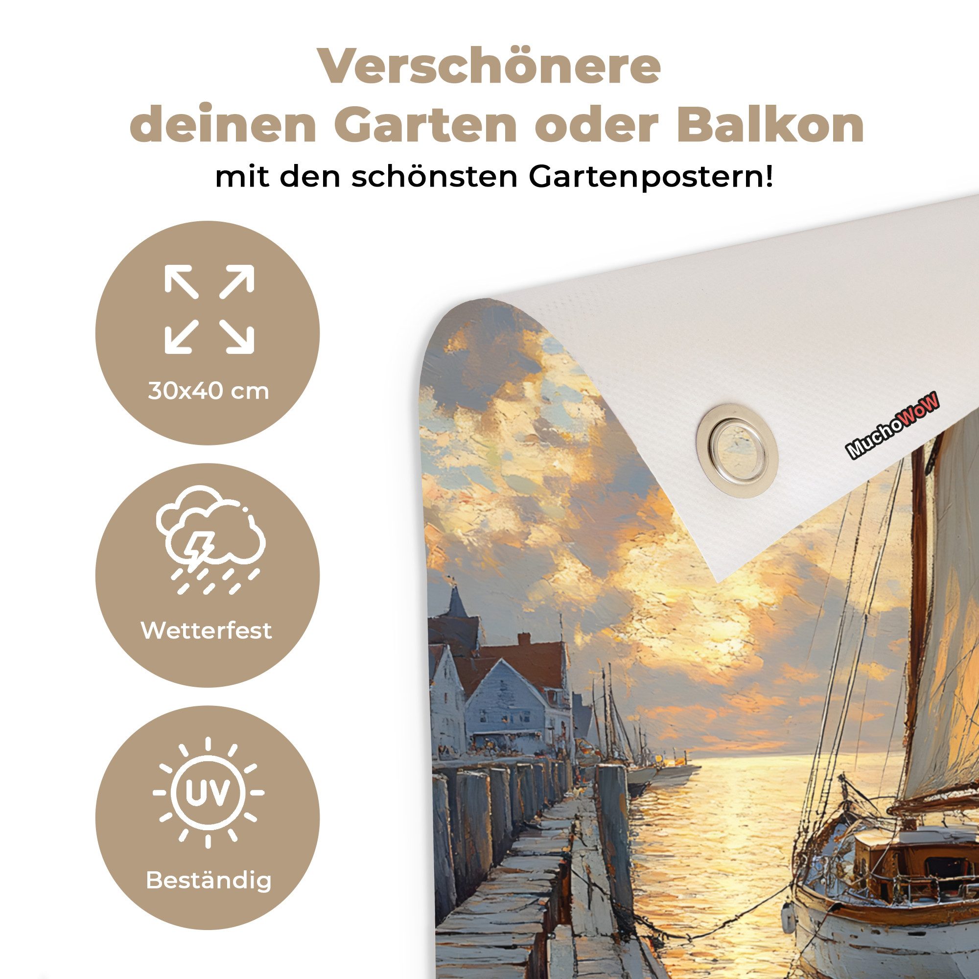 OnlyWow Poster für Garten Segelboot - Sonne - Pier - Holz, Gartenposter, Outdoor Bilder, Gartendeko für draußen, 30x40 cm