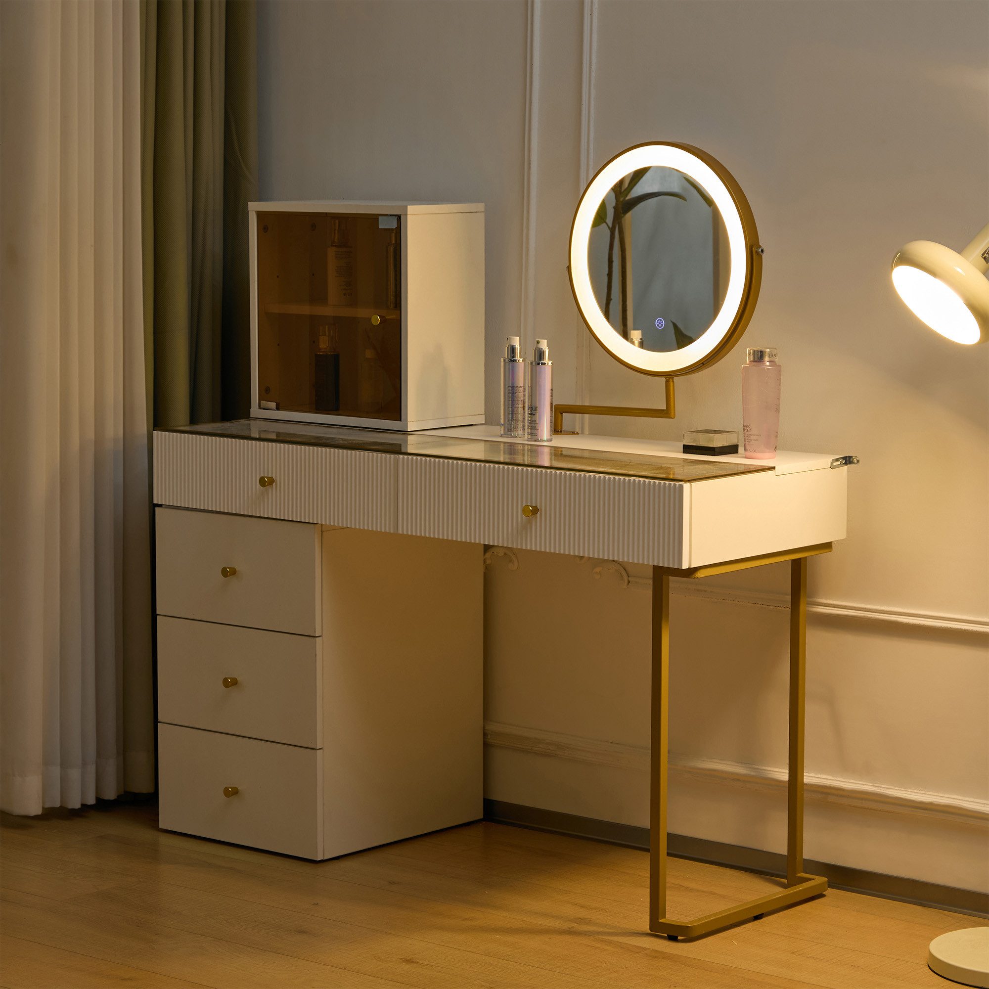 Flieks Schminktisch, Kosmetiktisch mit LED Spiegel + transparenter Tischplatte 120x45x115cm