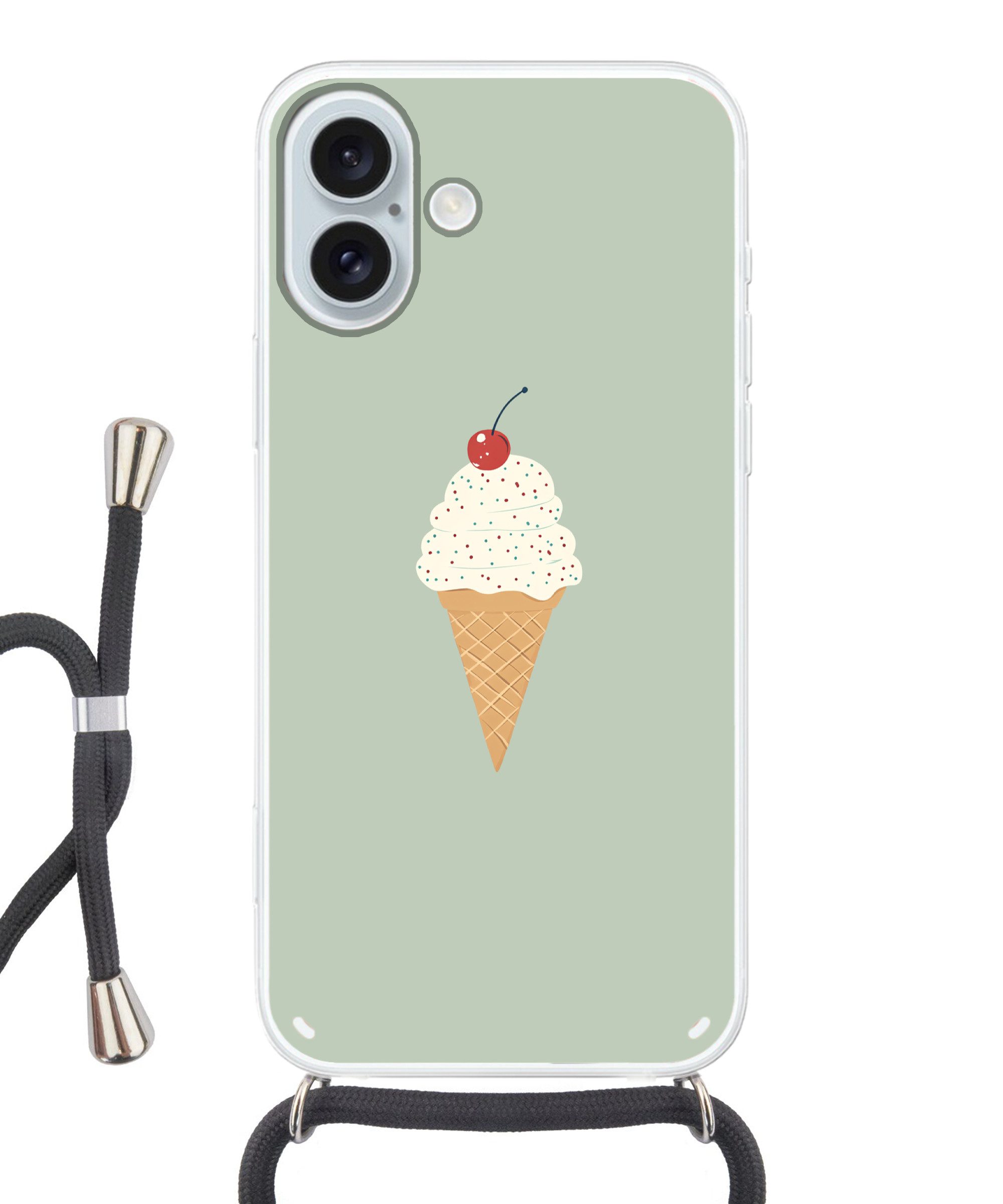 MuchoWow Handyhülle für Apple iPhone 16 Plus Illustration - Eiscreme - Sprenkeln - Kirsche, Tragbare Handyhüllen mit Kette zum umhängen, Handykette Handyband