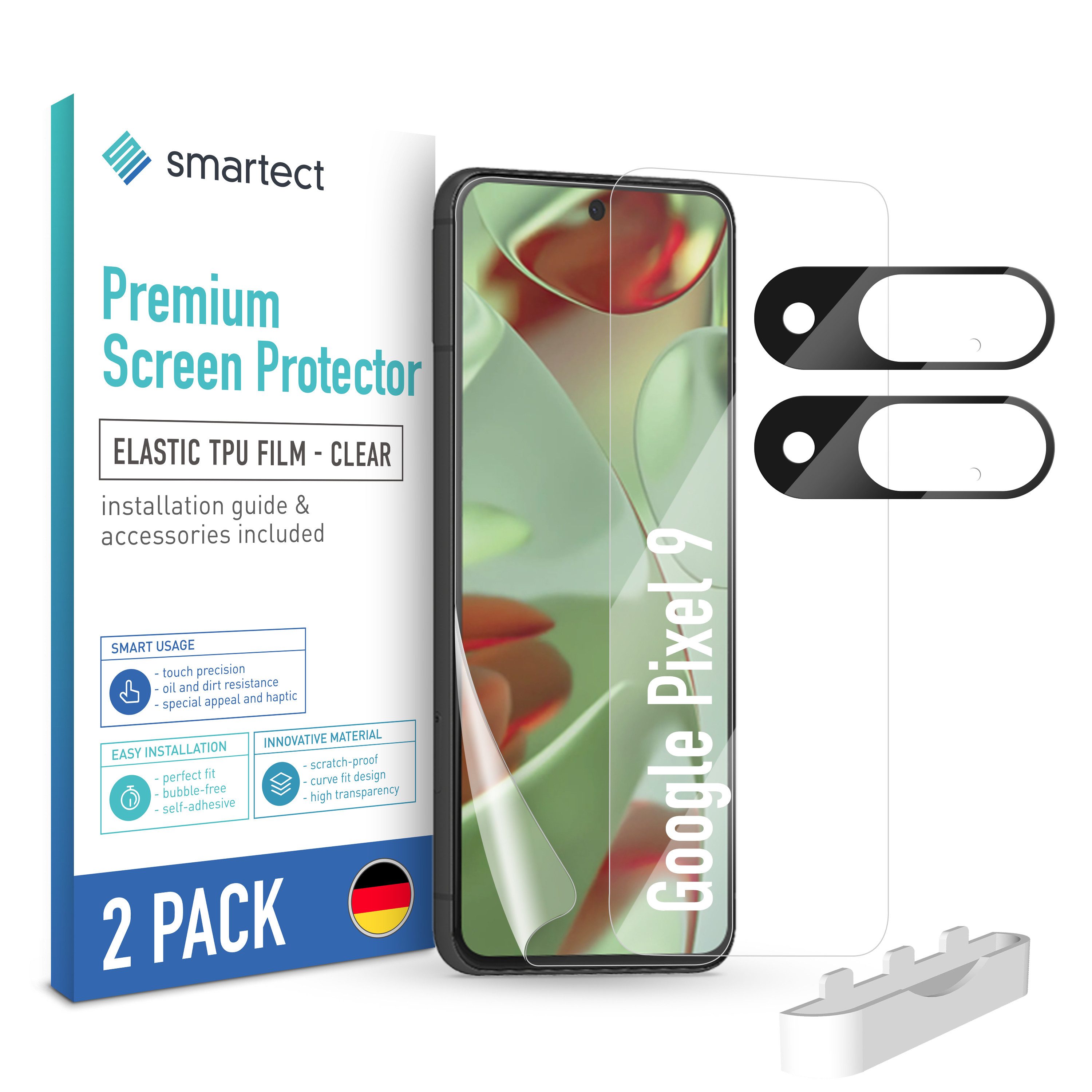 smartect Displayschutzfolie TPU Schutzfolie Klar 2 + 2 Stück für Google Pixel 9 (Display + Kamera) für Google Pixel 9, Set, 2 Stück, Ultra-klar, Kratzfest, Blasenfrei, Oleophob, Fingerabdruck kompatibel