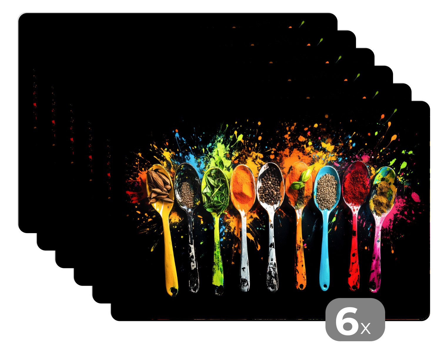 MuchoWow Platzset Löffel - Gewürze - Modern - Graffiti - Farbe - Farbenfroh, (6-St), Platzsets, Tischset, Abwaschbar, Tischsets, Platzdeckchen
