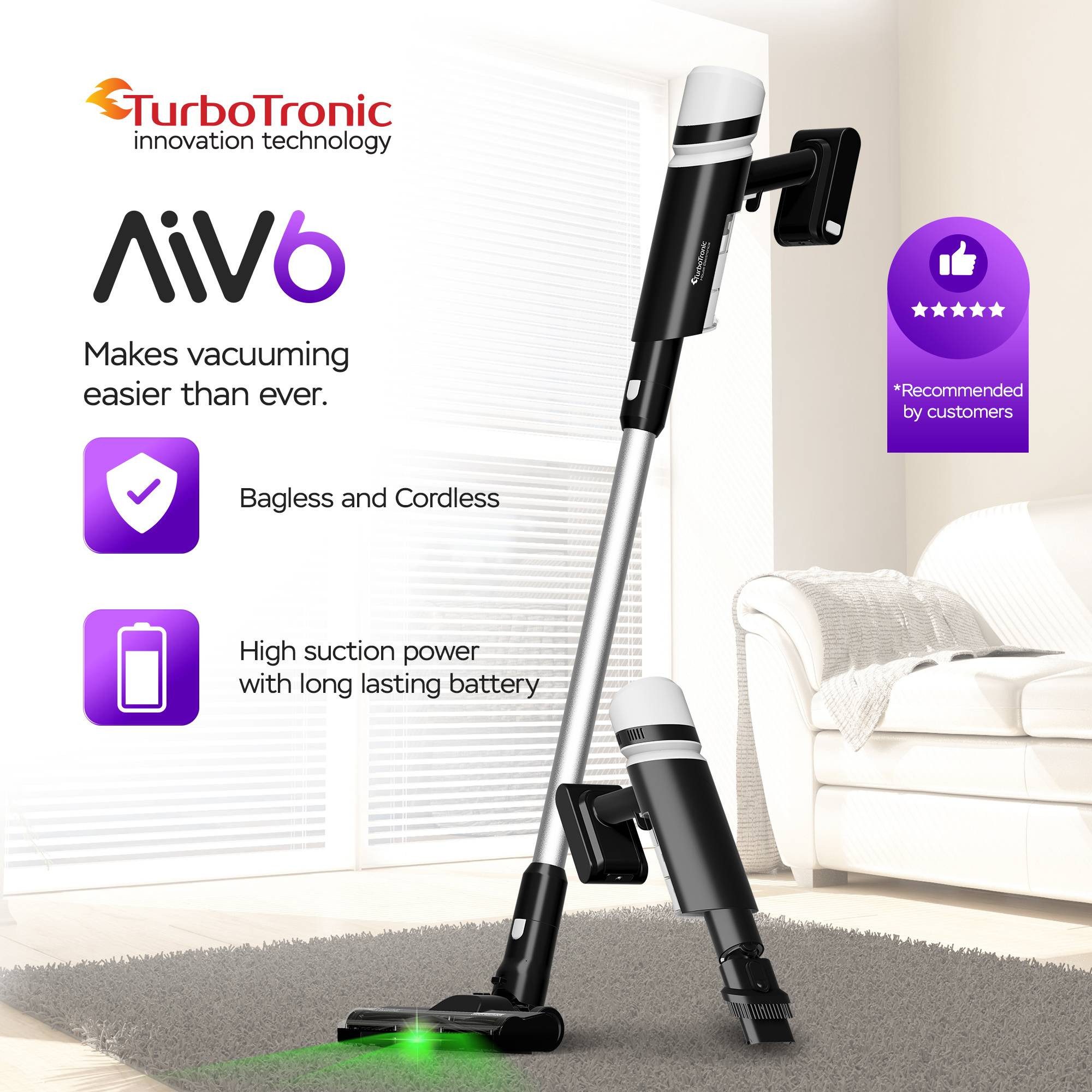 TurboTronic by Z-Line Akku-Hand-und Stielstaubsauger 15 kPa mit grünem Laserlicht kabellos 120W beutellos, 120 W, beutellos, 2in1 Handstaubsauger für Boden Teppich Möbel mit Zubehör Wandhalterung