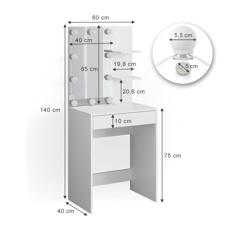 Vicco Schminktisch Isabelle, Weiß, 60 cm mit LED Beleuchtung (1-St)