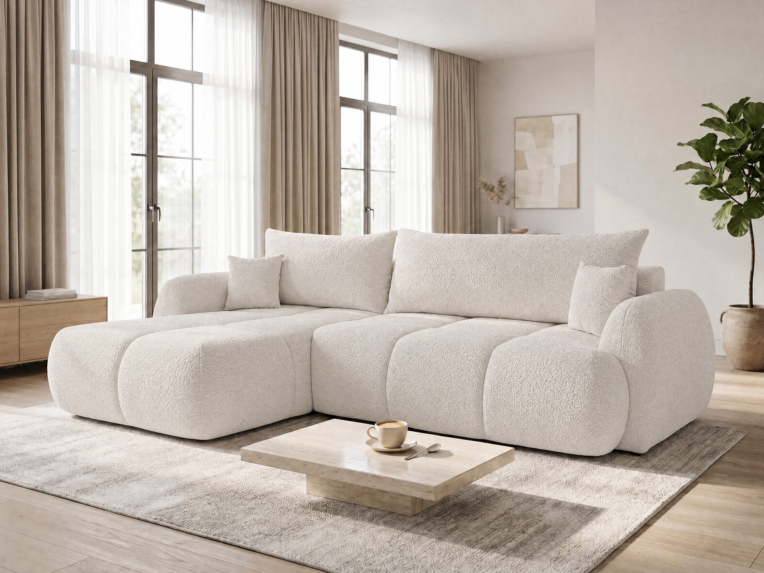 Sofnet Ecksofa Loria, mit Schlaffunktion und Bettkasten, Weiches Schlafsofa mit Wellenfeder, L-Form Couch, Bouclé