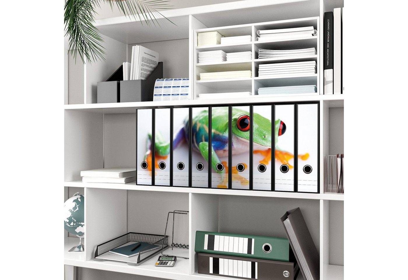 Thumbnail - Wallario Etiketten Lustiger Frosch in grün und orange, Ordnerrücken-Sticker in verschiedenen Ausführungen