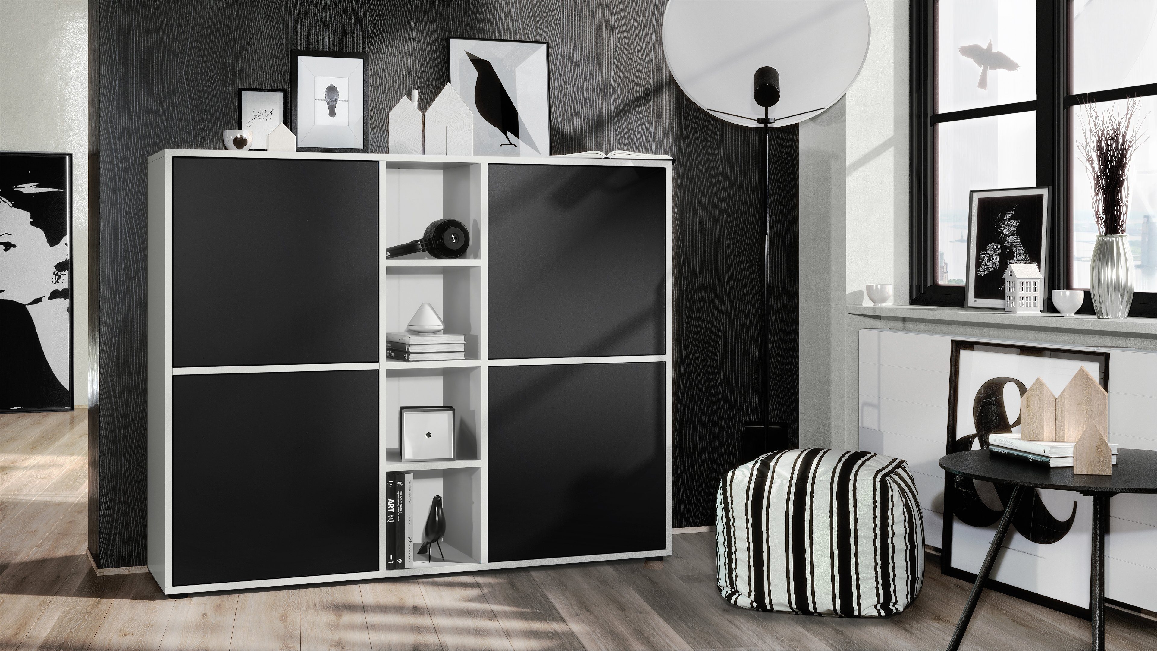 Vladon Highboard Cuba V3 (Highboard, Schrank Anrichte Cuba V3 mit 12 Fächern), Korpus in Weiß matt / Fronten in Schwarz matt (130,5x105,5x35,5 cm)