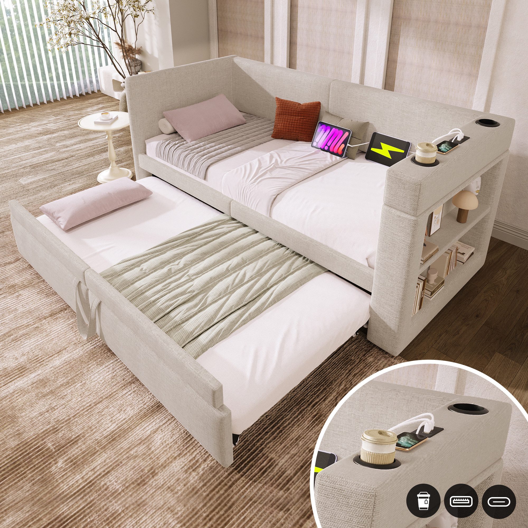 REDOM Polsterbett mit ausziehbarem Bett, Leinen-Baumwoll-Material günstig online kaufen