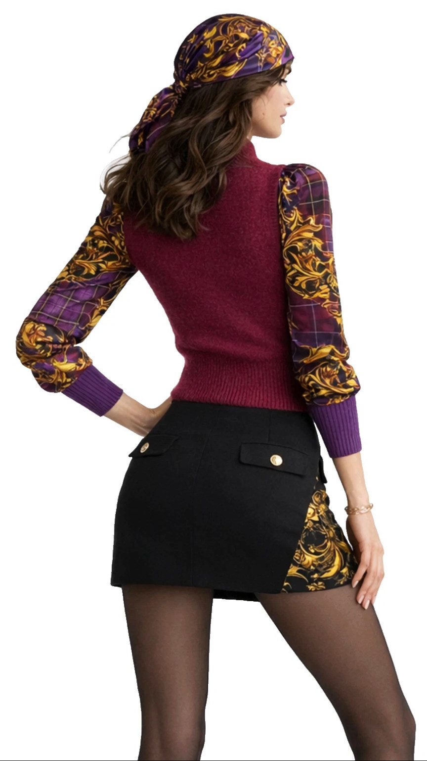 Versace Jeans Couture Strickpullover Damen Pullover mit Schal-Detail Barock & Tartan Design luxuriöse Eleganz mit modernem Fashion-Statement