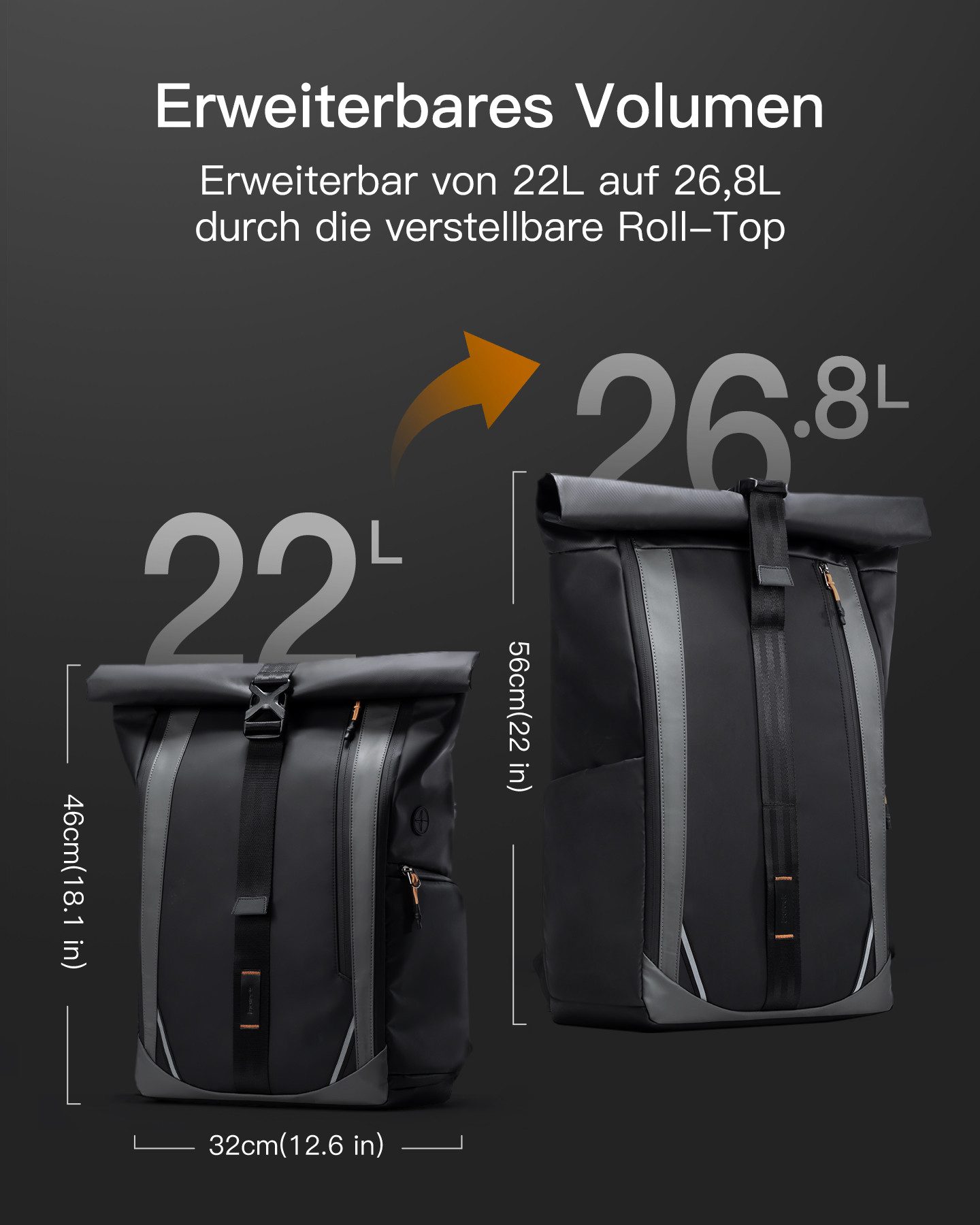 Inateck Laptoprucksack RollTop Rucksack Laptop Backpack, 22L-26.8L Tagesrucksack, mit 180°-Öffnung Hauptfach und Wasserdicht Reißverschluss