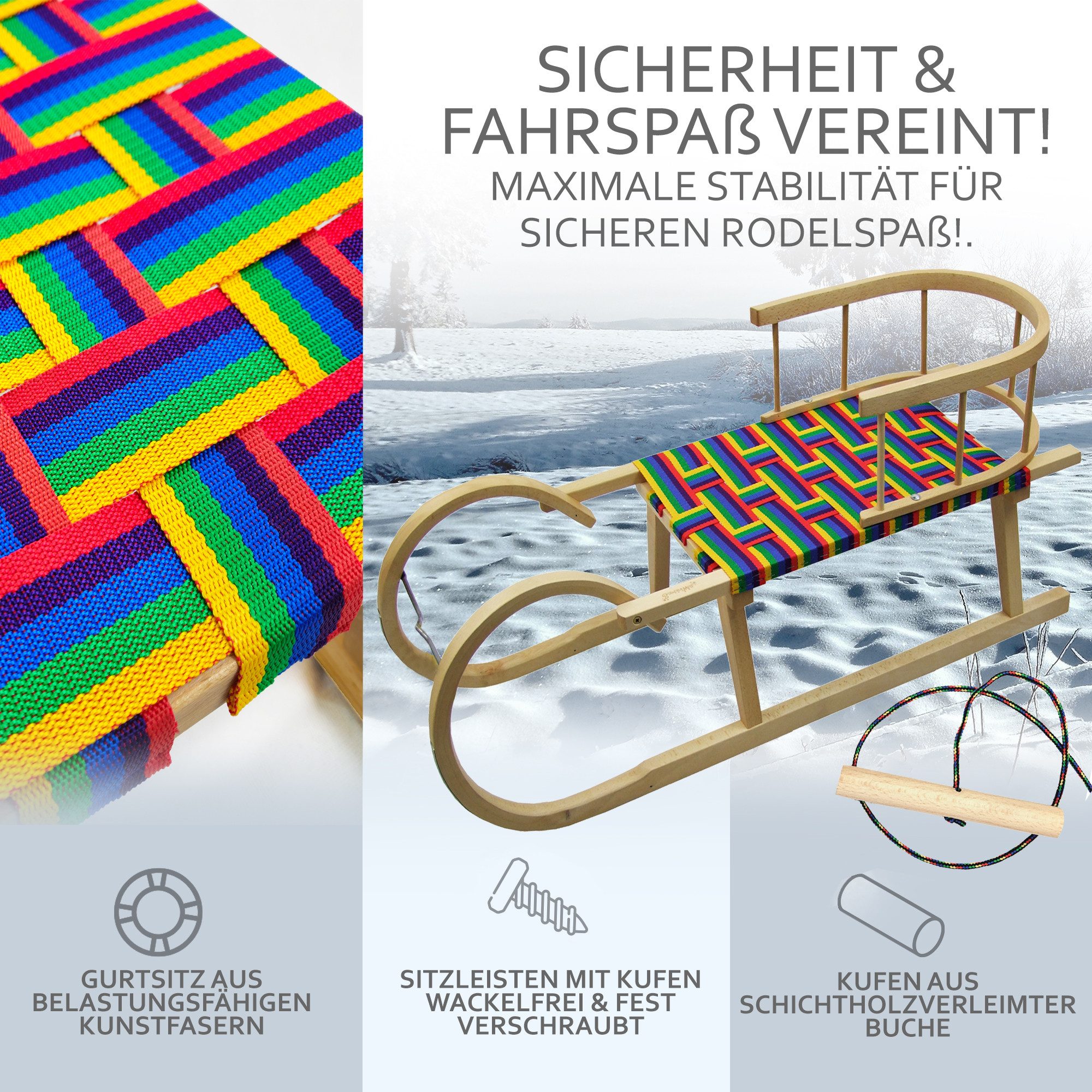 BambiniWelt by Rafael K. Schlitten CE-Hörnerrodel Holzschlitten Hornschlitten mit Rückenlehne + Seil bunt