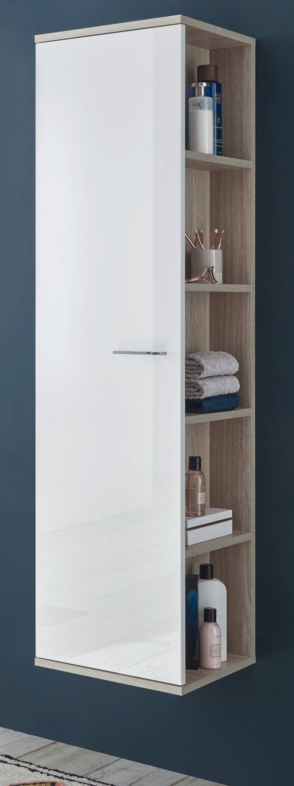 Furn.Design Hochschrank Venni (Badschrank in weiß und Eiche, 38 x 140 cm)  Hochglanz lackiert