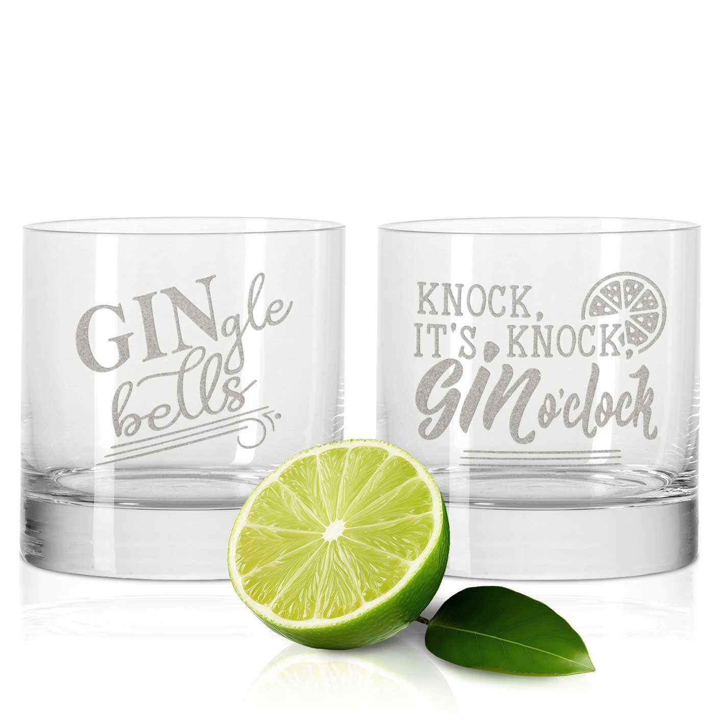 GRAVURZEILE Cocktailglas 2er Set Montana GIN-Gläser - GINgle bells & Knock Knock it's Gin, Glas, Witziges Geschenk-Set für Gin Liebhaber