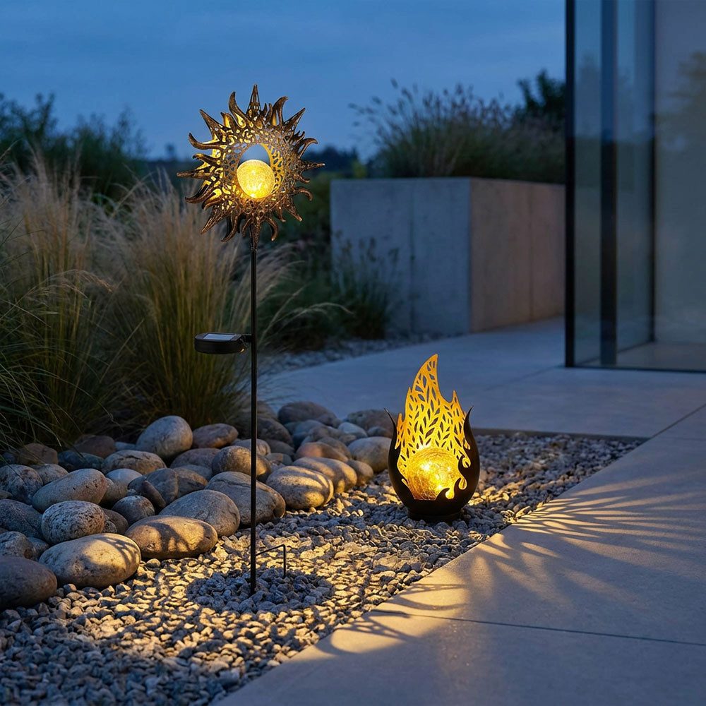 GLOBO LIGHTING LED Solarleuchte, LED-Leuchtmittel fest verbaut, Warmweiß, LED Solarlampe Steckleuchte Metall Deko gold schwarz-rostfarben