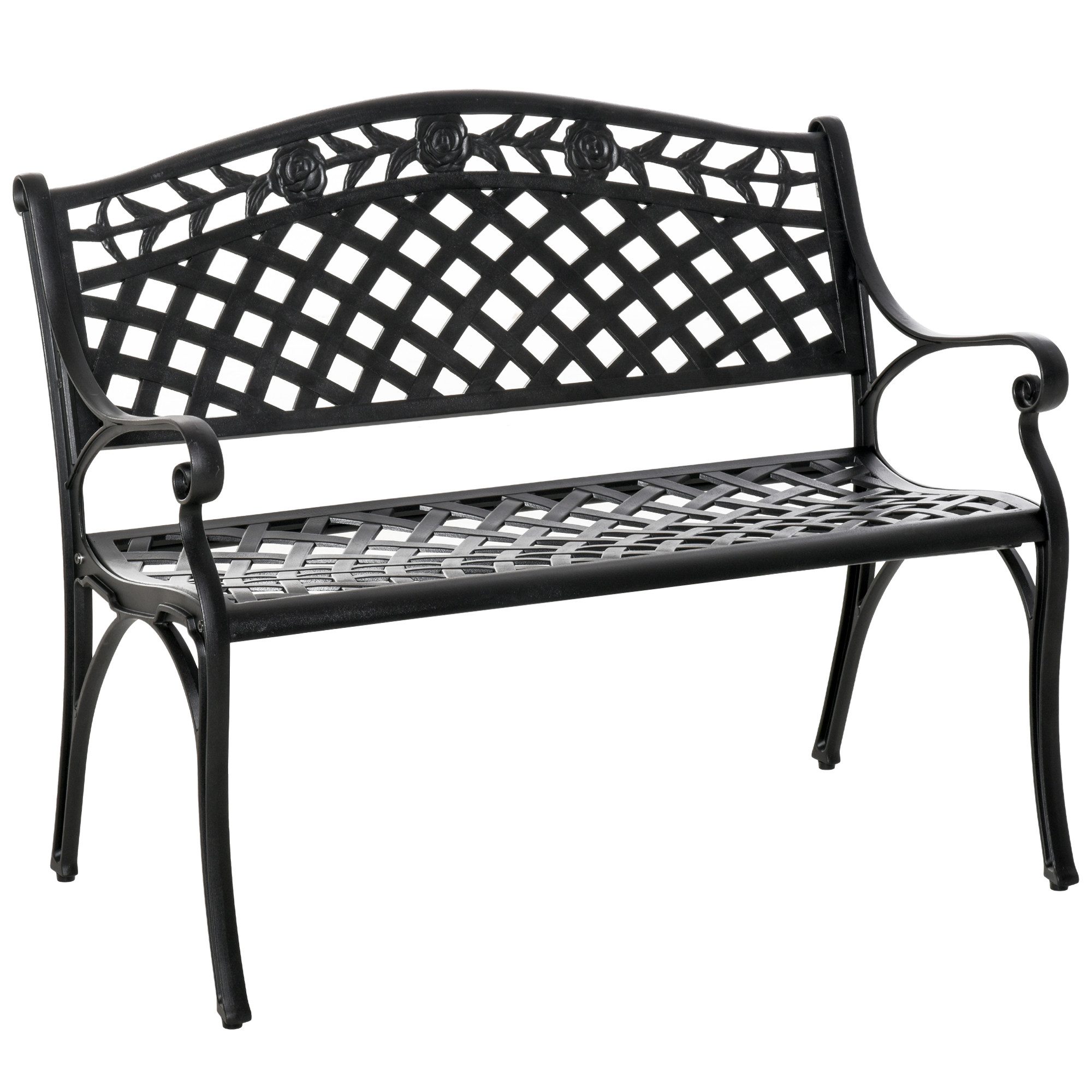 Outsunny Gartenbank 2-Sitzer Sitzbank Alu Bank mit Armlehnen Landhausstil (Gartenbank, 1-St., Metallbank), Schwarz 102,5 x 61 x 84 cm