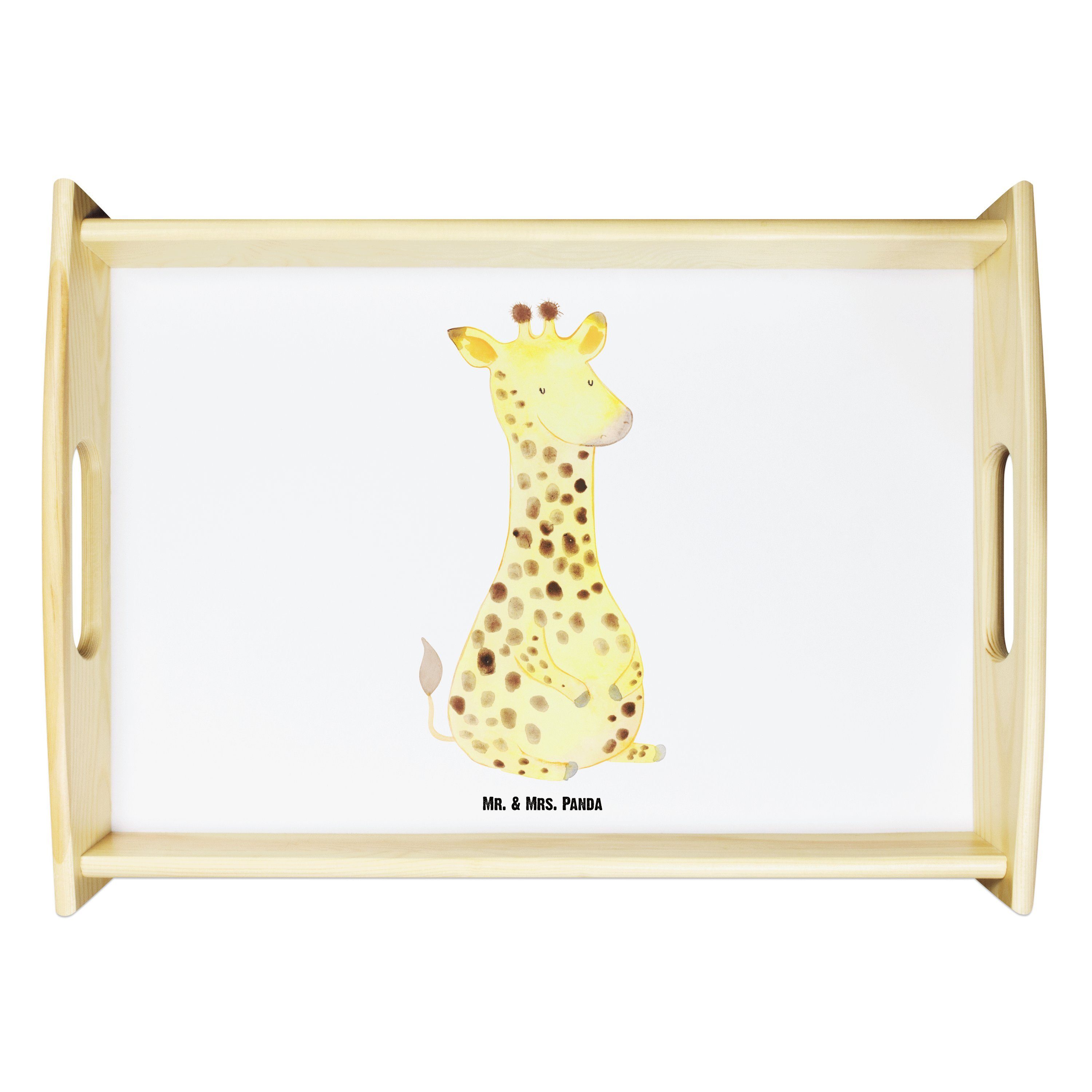 Mr. & Mrs. Panda Tablett Giraffe Zufrieden - Weiß - Geschenk, Küchentablett, Dekotablett, Früh, Echtholz lasiert, (1-tlg)